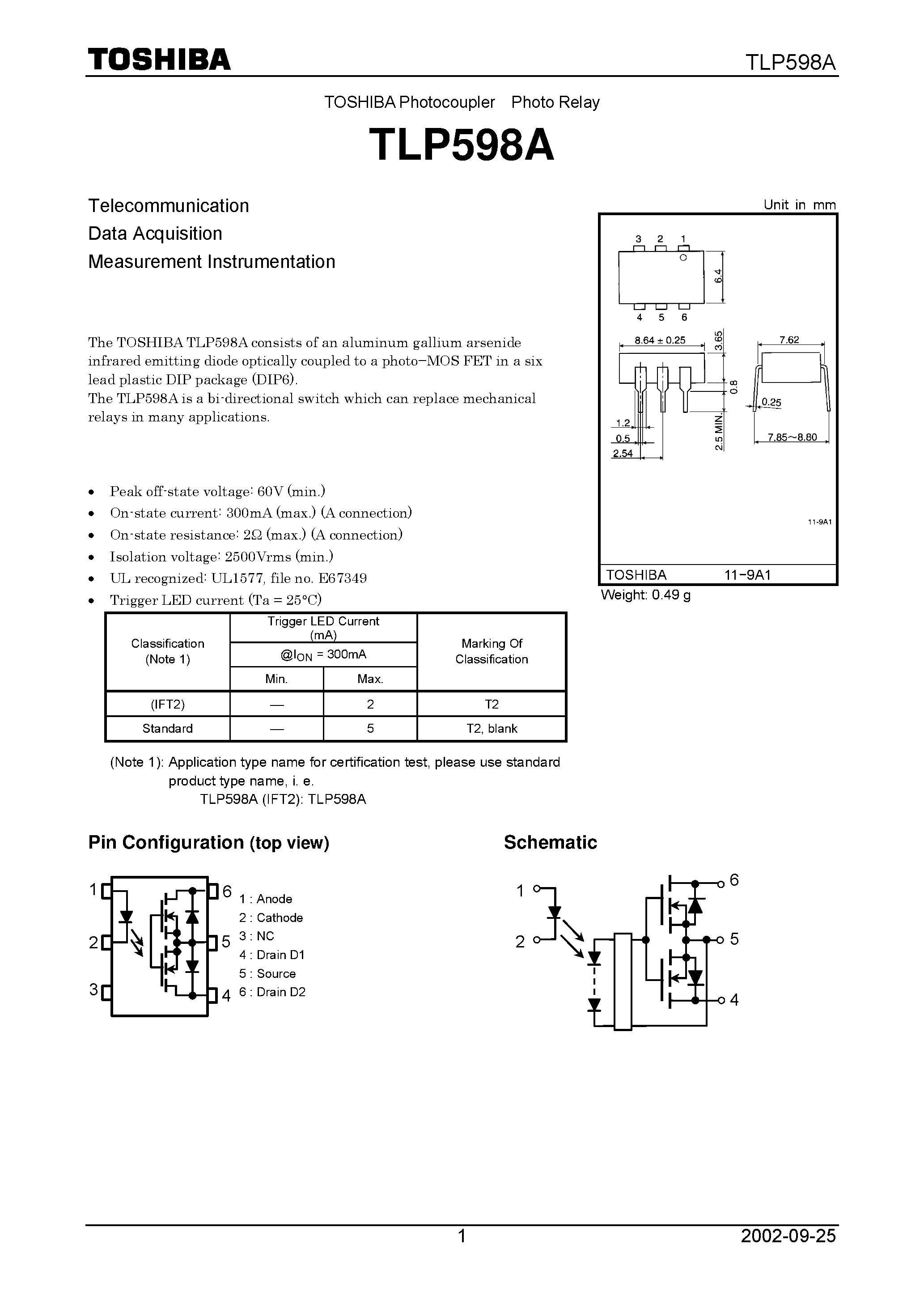 Даташит TLP598A - TOSHIBA Photocoupler Photo Relay страница 1