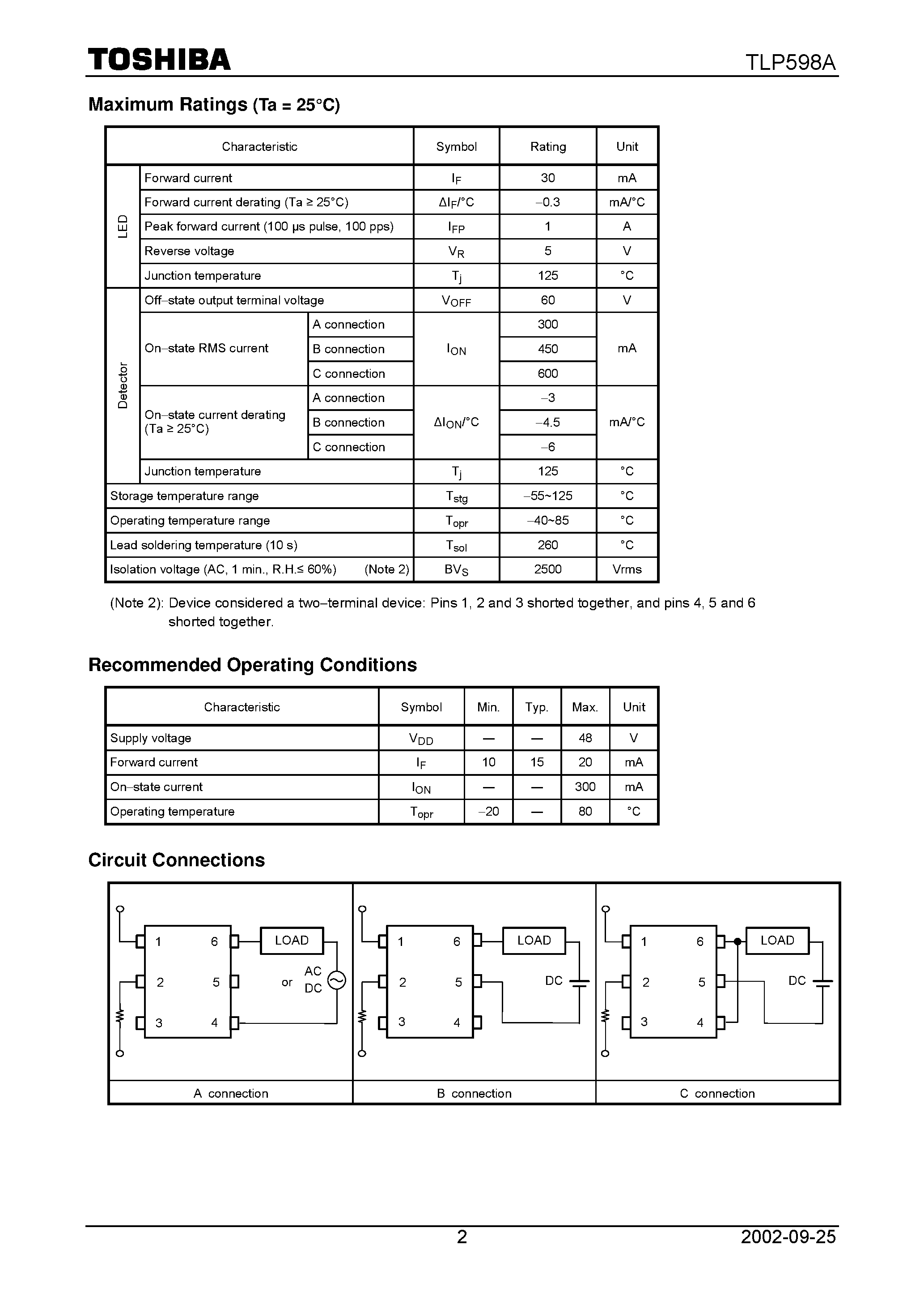 Даташит TLP598A - TOSHIBA Photocoupler Photo Relay страница 2