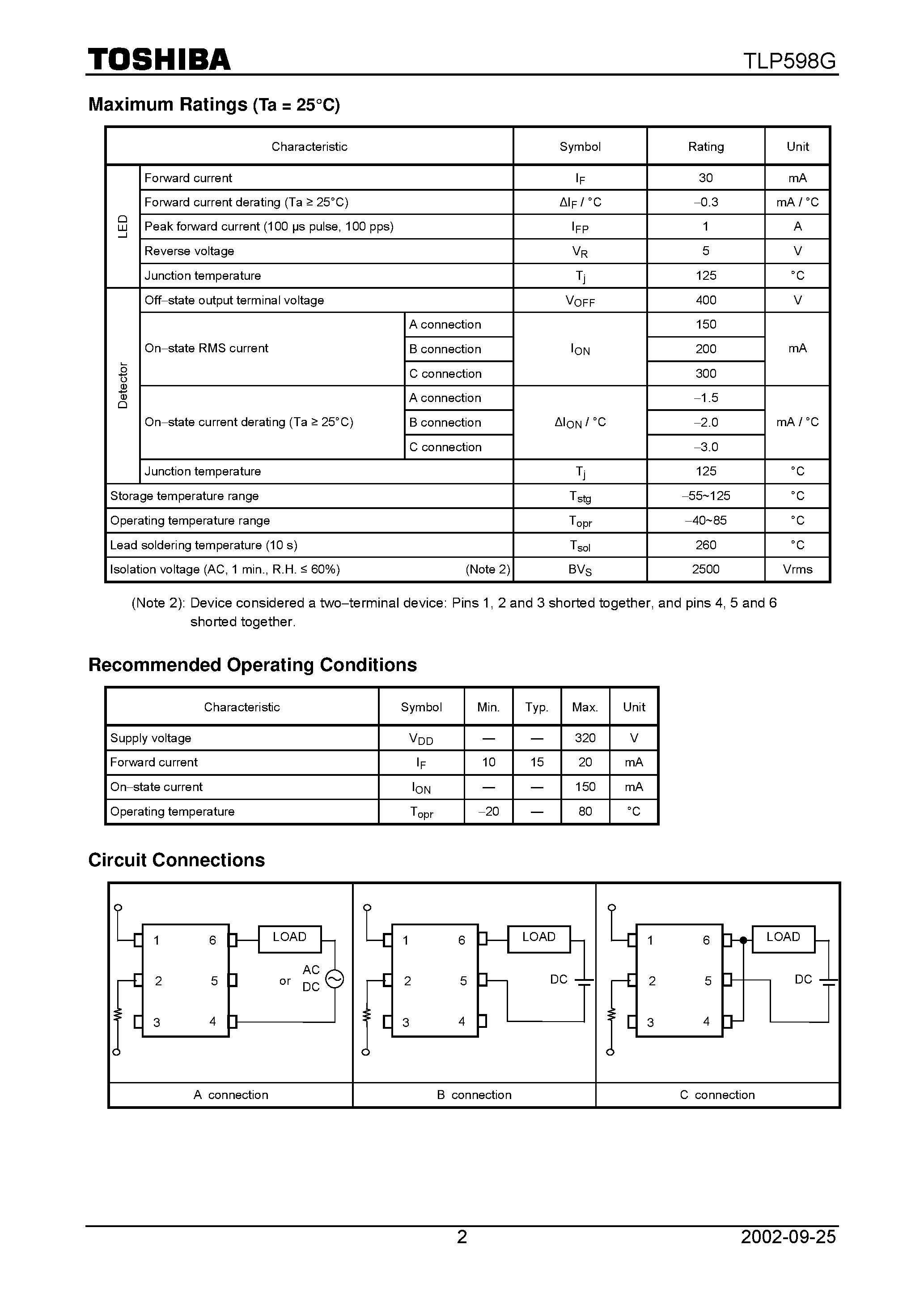 Даташит TLP598G - Photo−MOS FET in a Six Lead Plastic DIP Package страница 2