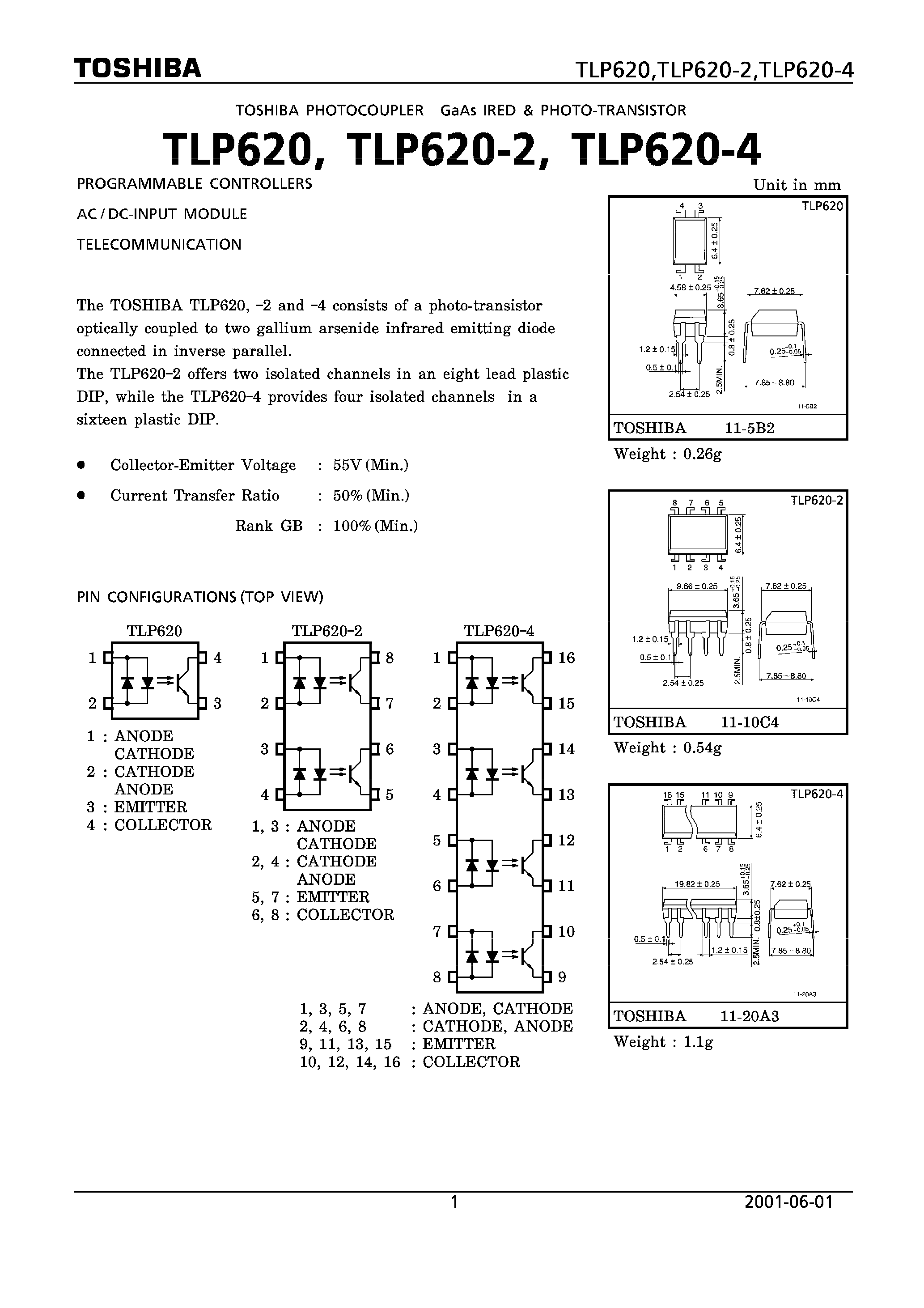 Datasheet TLP620-2 - PROGRAMMABLE CONTROLLERS AC/DC-INPUT MODULE TELECOMMUNICATION page 1