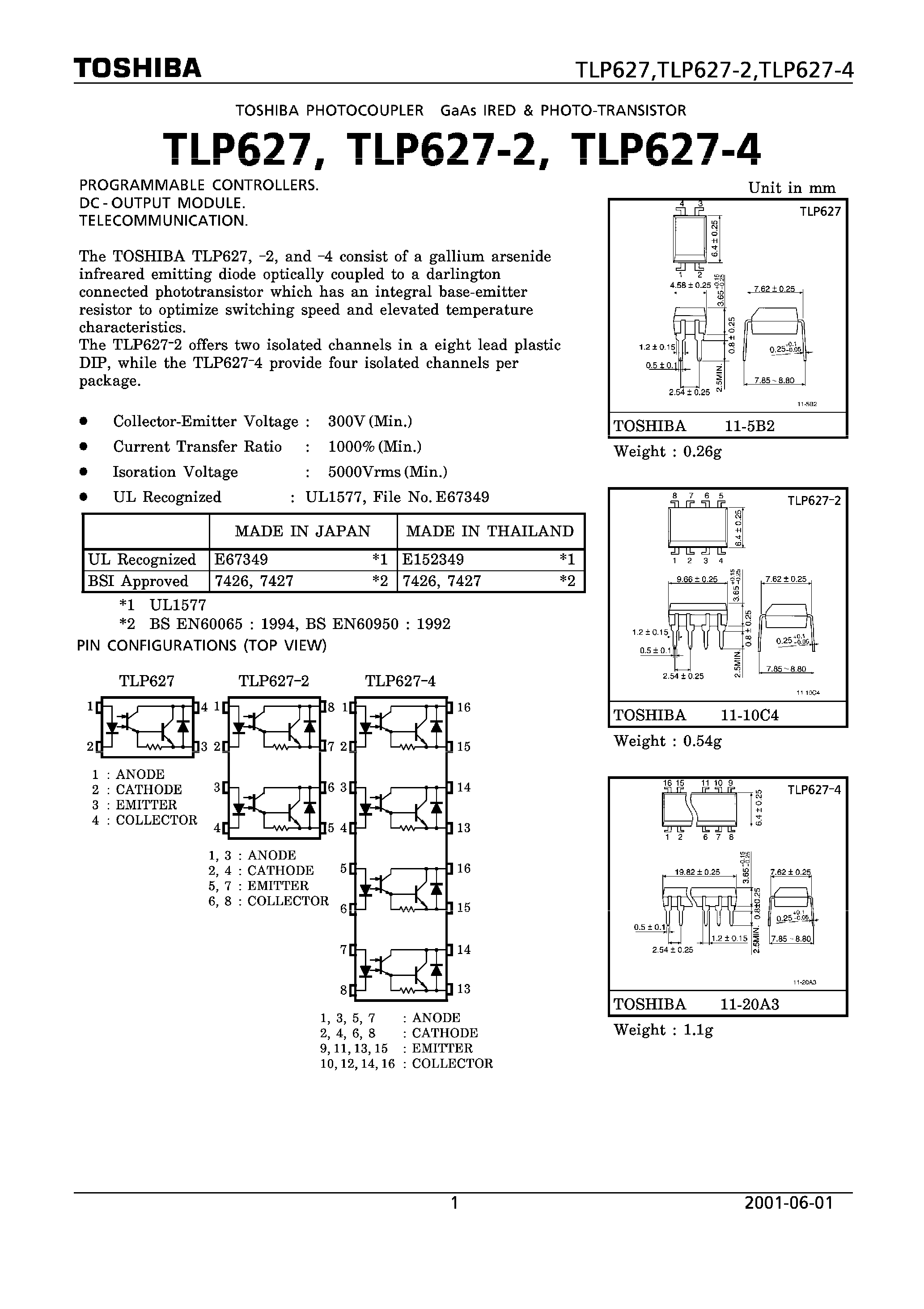 Datasheet TLP627-2 - PROGRAMMABLE CONTROLLERS. DC-OUTPUT MODULE. TELECOMMUNICATION. page 1