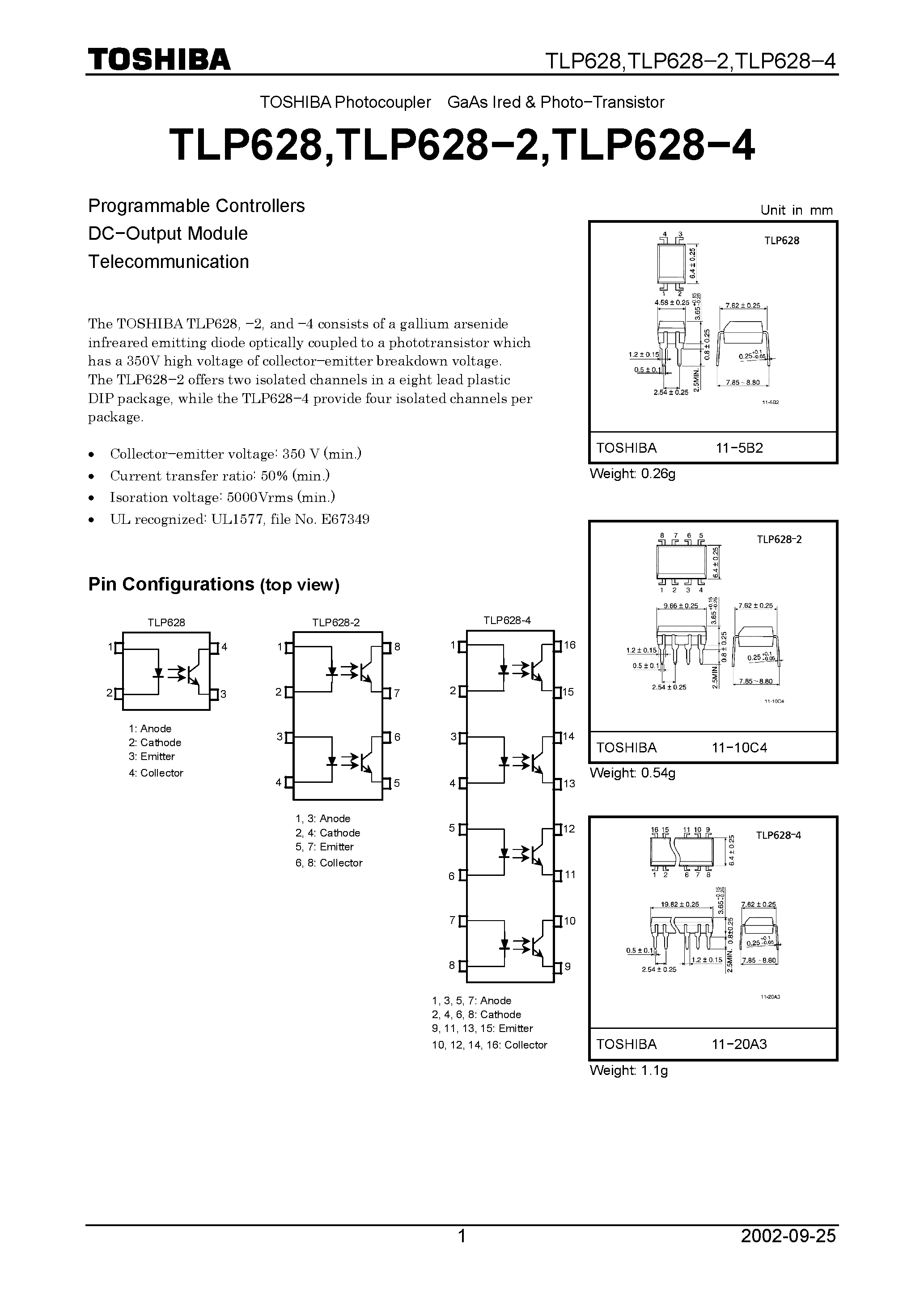 Даташит TLP628 - TOSHIBA Photocoupler GaAs Ired & Photo−Transistor страница 1