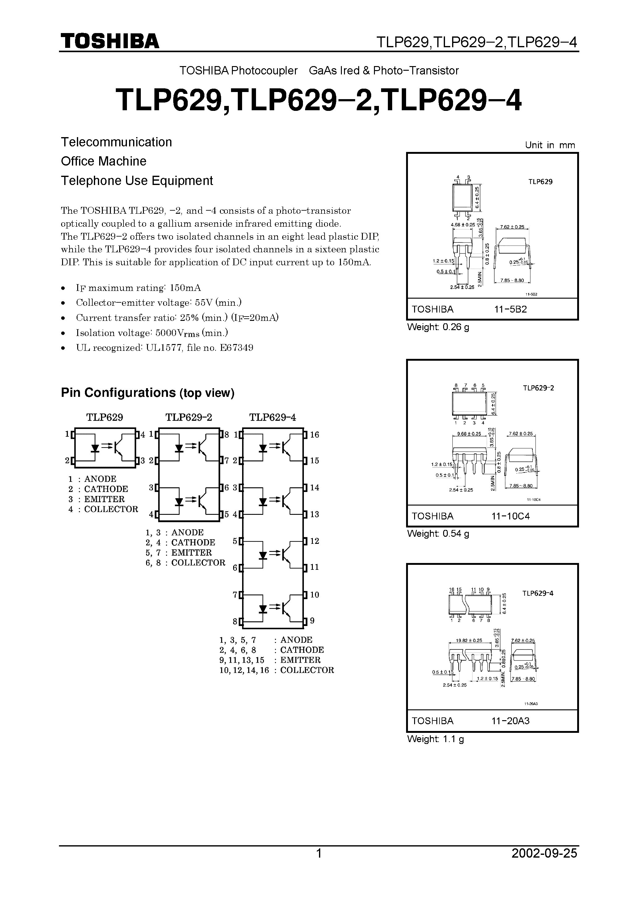 Даташит TLP629 - TOSHIBA Photocoupler GaAs Ired & Photo−Transistor страница 1