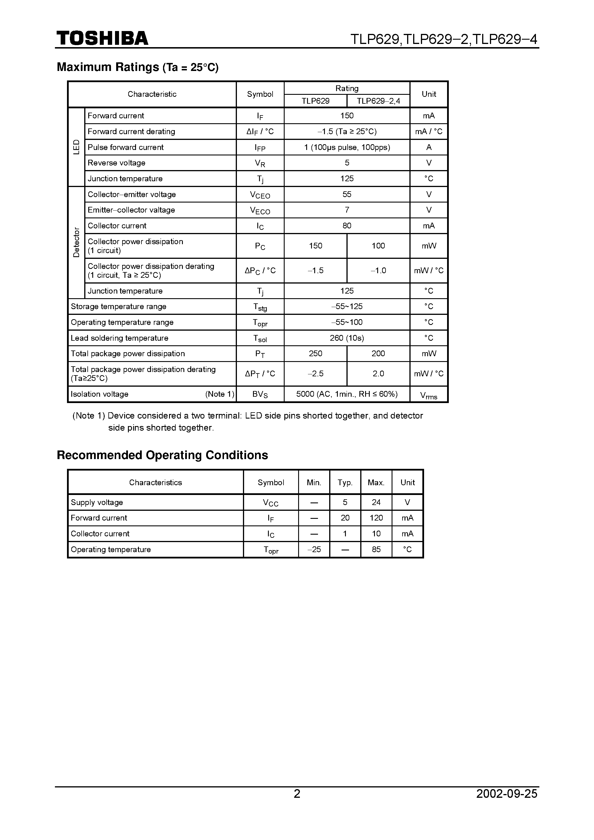 Даташит TLP629 - TOSHIBA Photocoupler GaAs Ired & Photo−Transistor страница 2