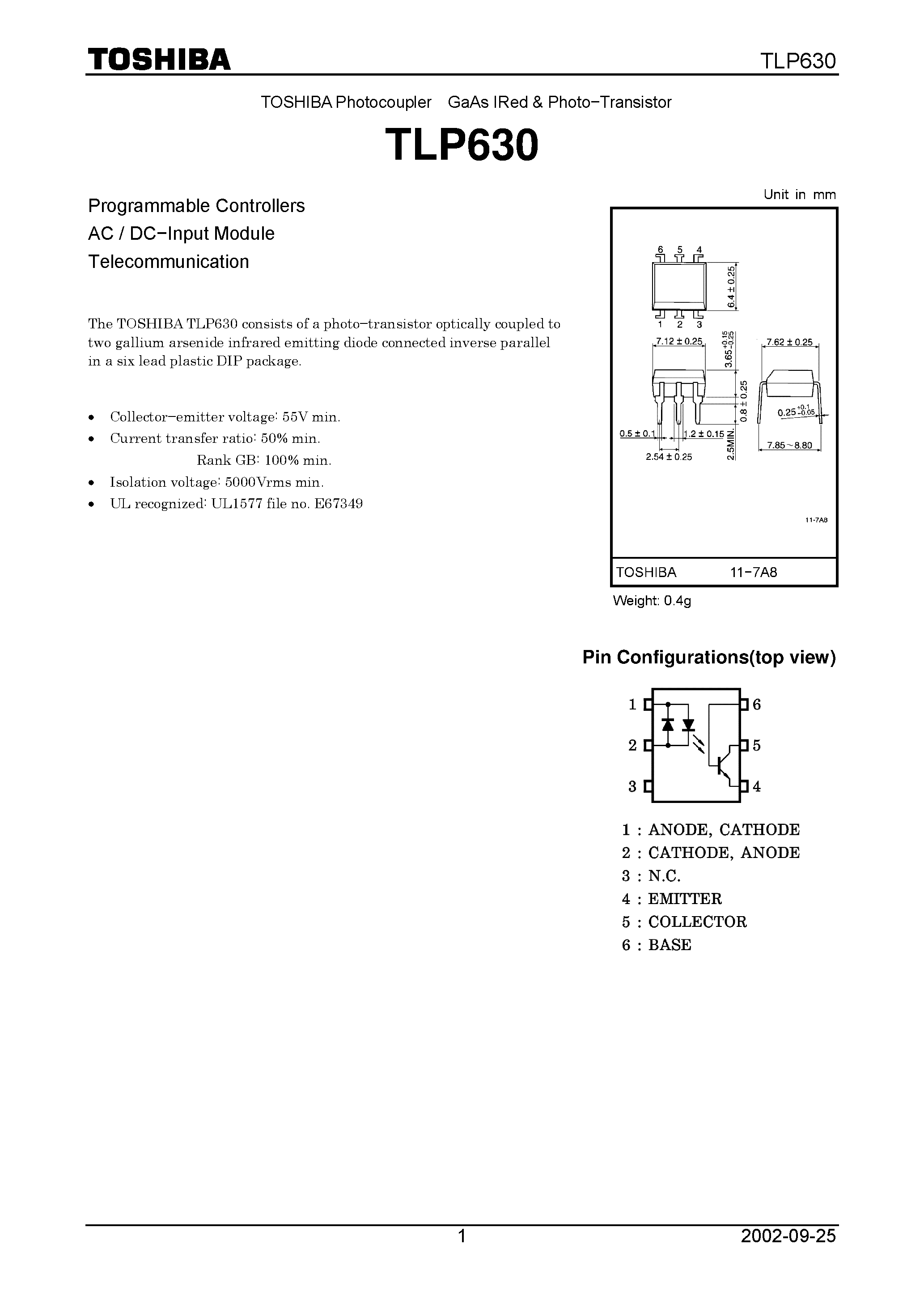 Даташит TLP630 - Programmable Controllers AC / DC−Input Module Telecommunication страница 1