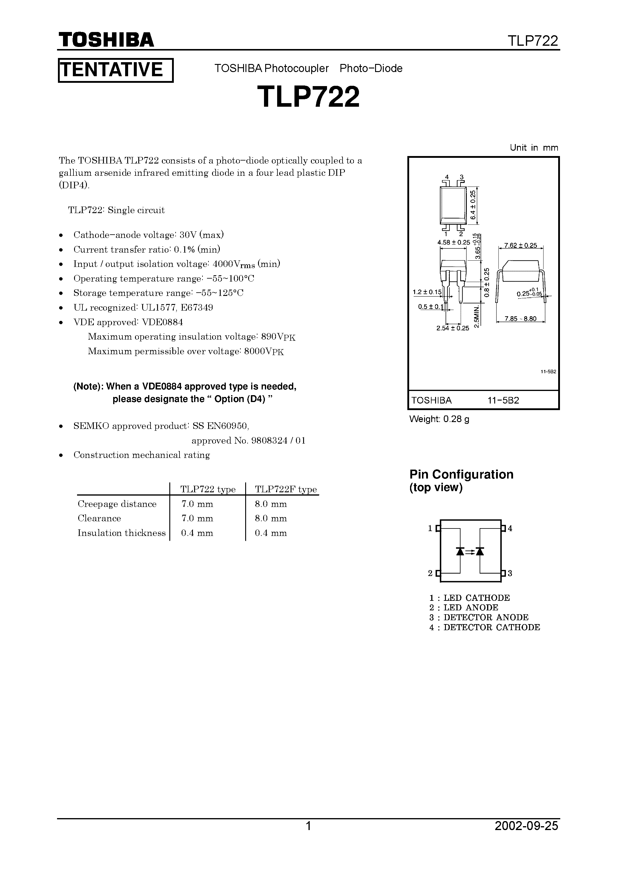 Даташит TLP722 - Photocoupler Photo−Diode страница 1