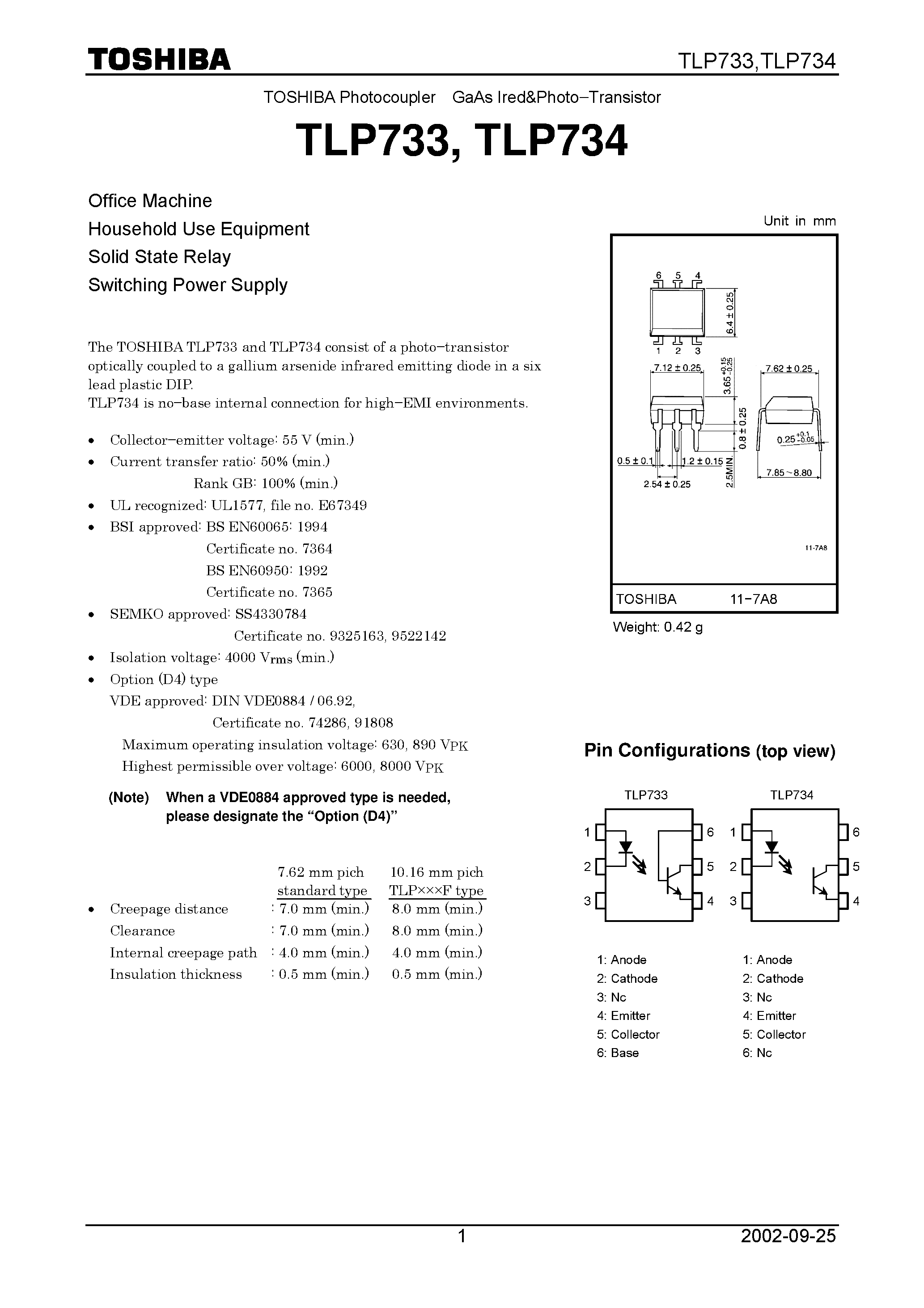 Даташит TLP733 - GaAs Ired&Photo−Transistor страница 1
