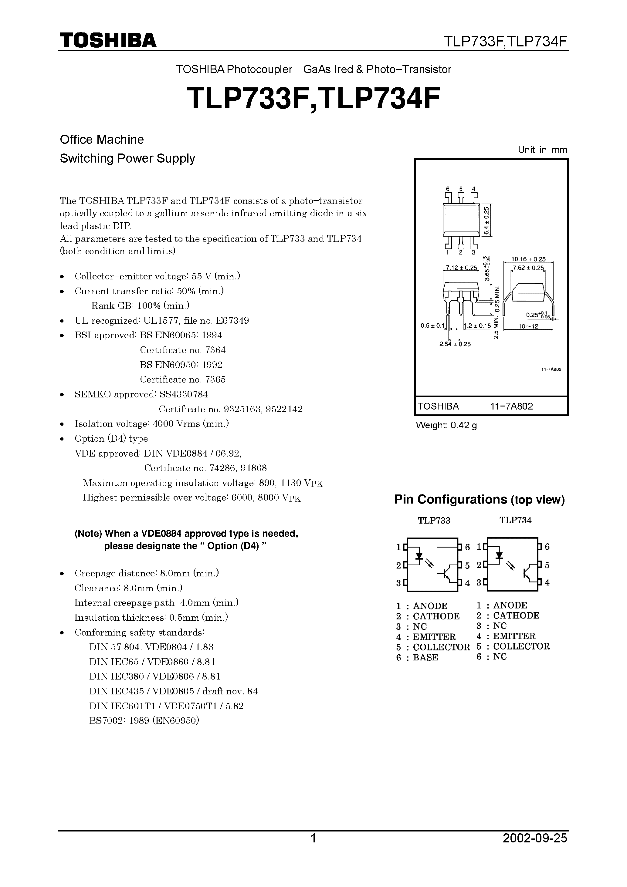 Даташит TLP733F - GaAs Ired & Photo−Transistor страница 1