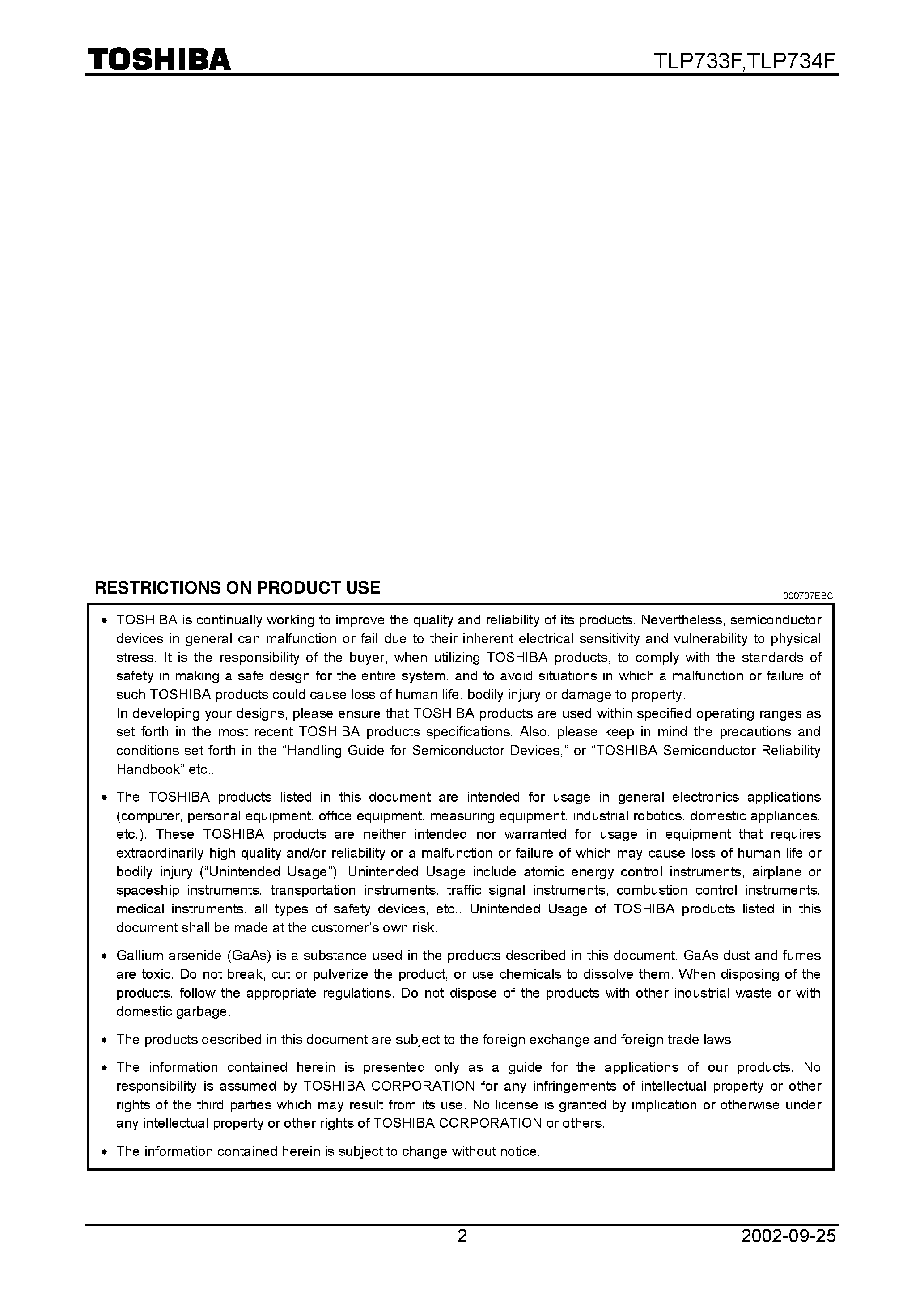 Datasheet TLP734F - GaAs Ired & Photo−Transistor page 2