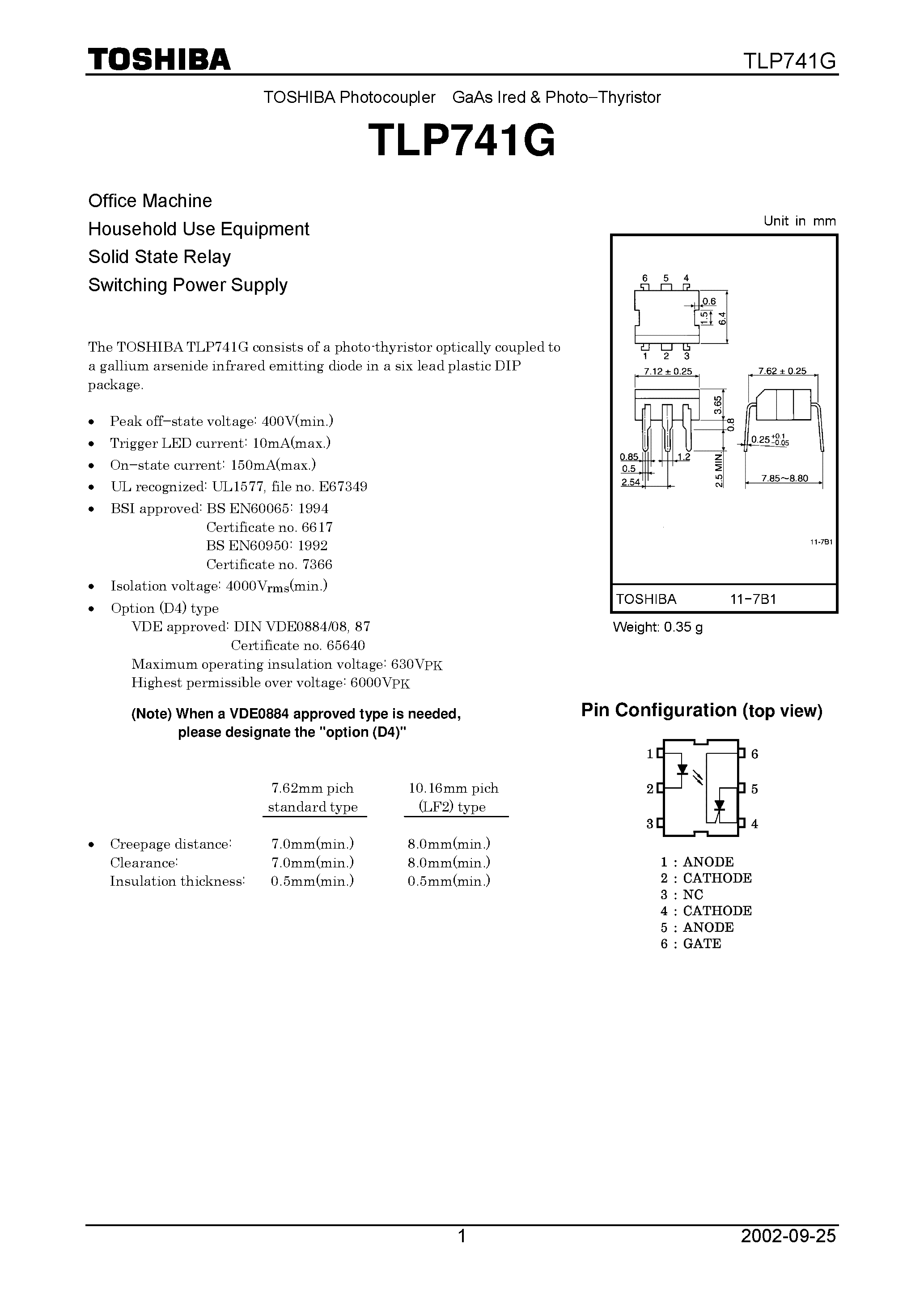 Datasheet TLP741G page 1 Datasheet TLP741G - TOSHIBA Photocoupler GaAs Ired & Photo−Thyristor page 1