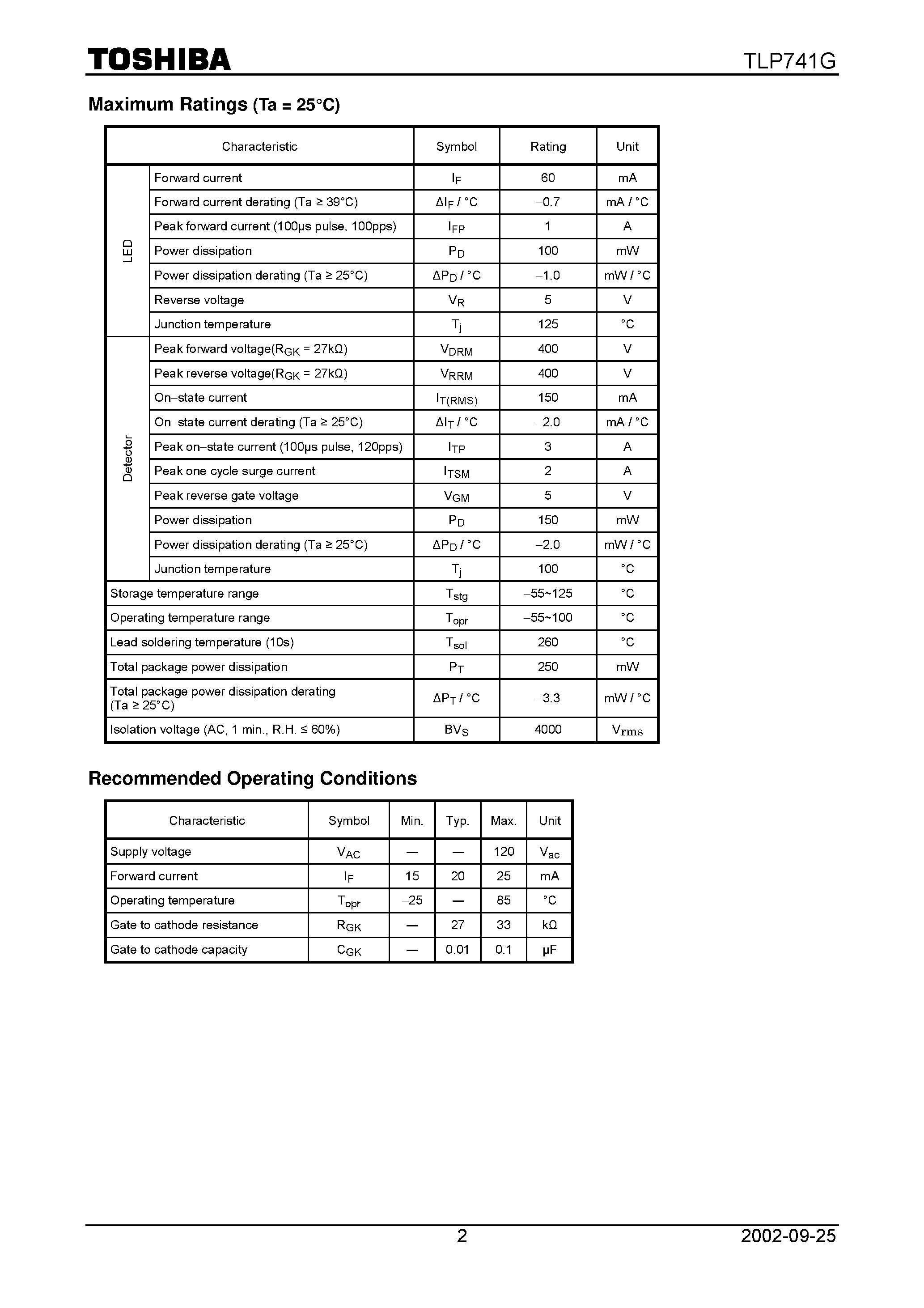 Datasheet TLP741G page 2 Datasheet TLP741G - TOSHIBA Photocoupler GaAs Ired & Photo−Thyristor page 2