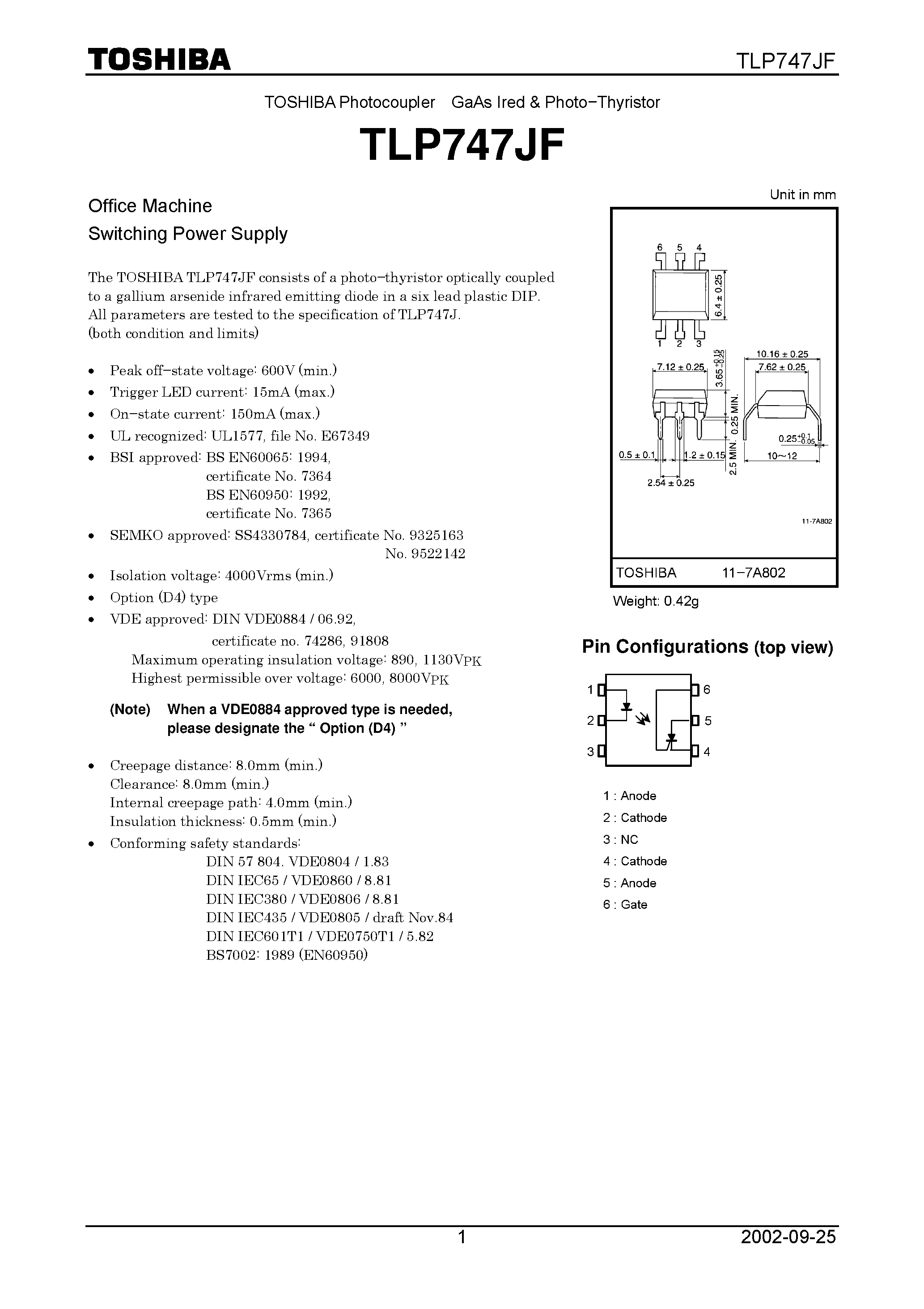 Даташит TLP747JF - TOSHIBA Photocoupler GaAs Ired & Photo−Thyristor страница 1