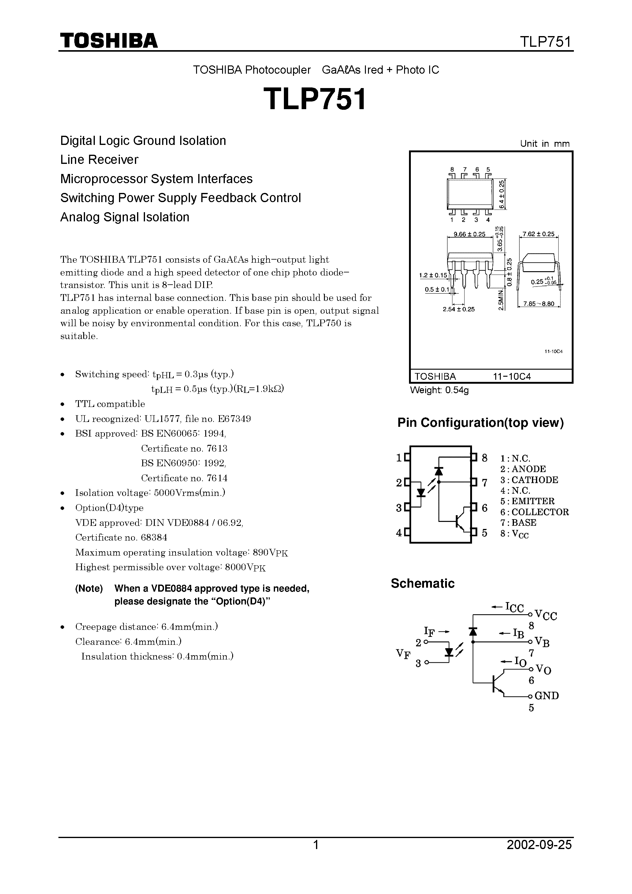 Datasheet TLP751 - GaAAs Ired + Photo IC page 1