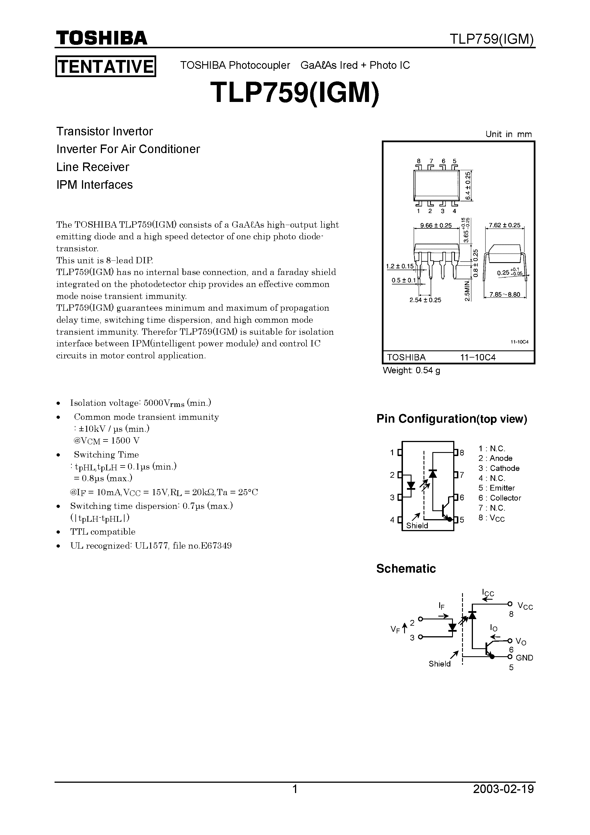 Datasheet TLP759IGM - Transistor Invertor Inverter For Air Conditioner Line Receiver IPM Interfaces page 1