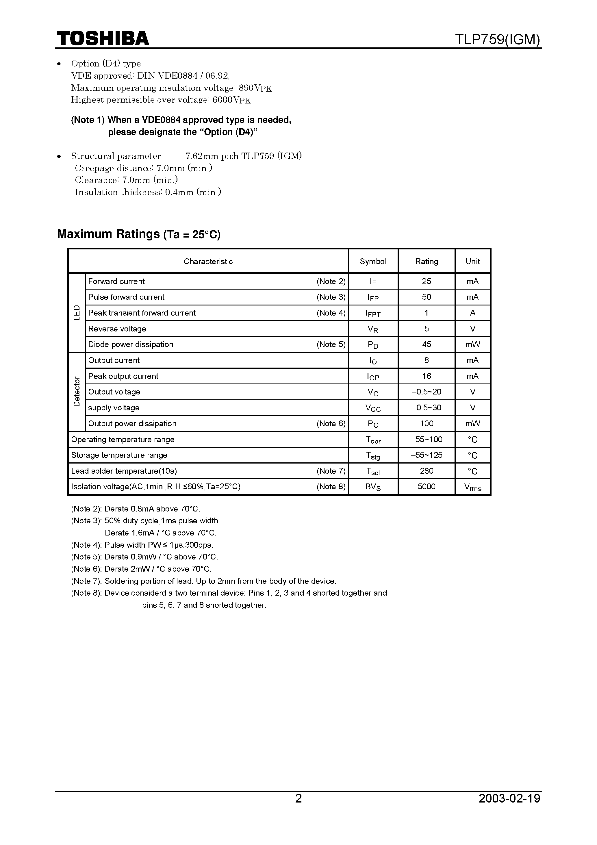 Datasheet TLP759IGM - Transistor Invertor Inverter For Air Conditioner Line Receiver IPM Interfaces page 2