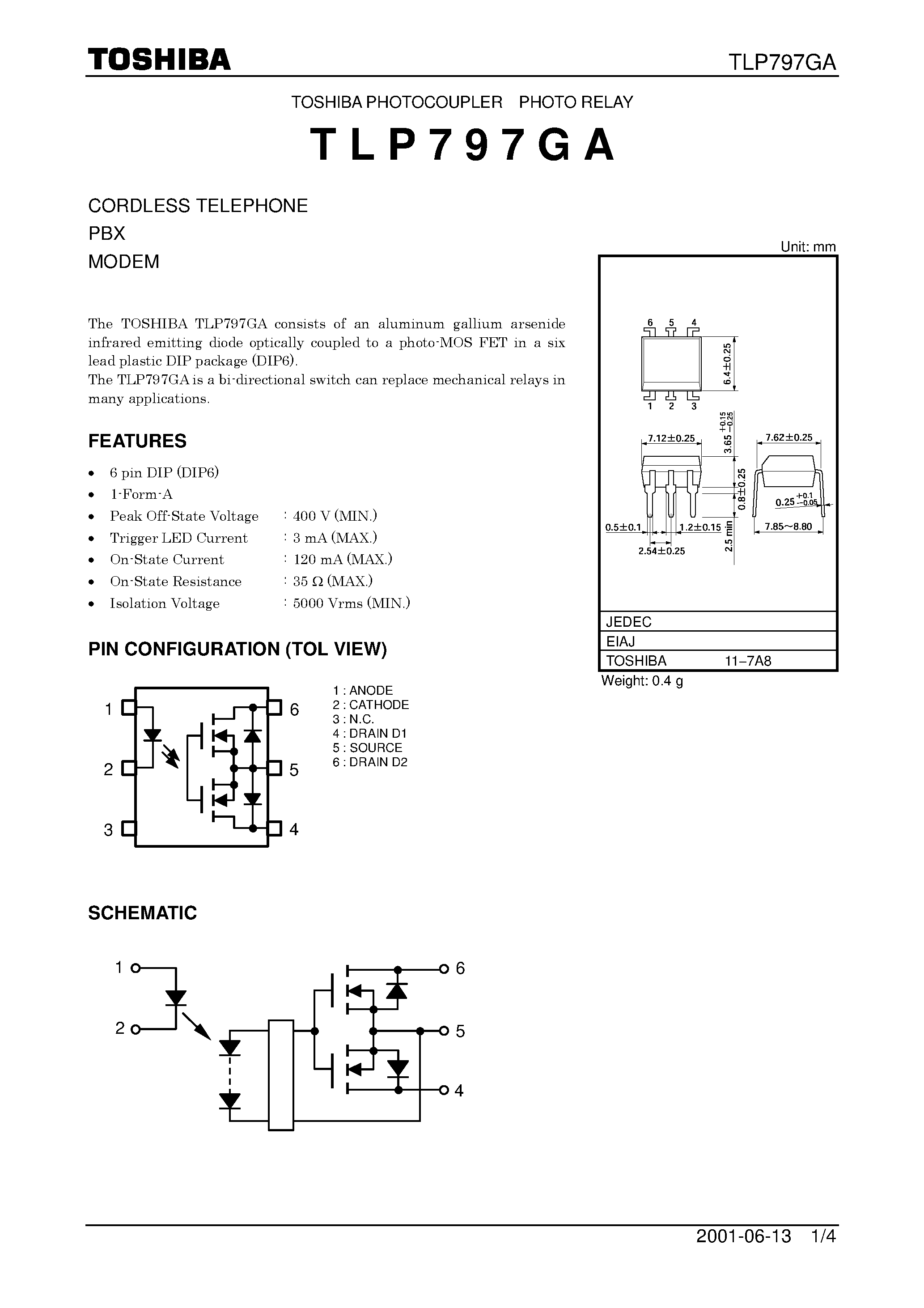 Datasheet TLP797GA - TOSHIBA PHOTOCOUPLER PHOTO RELAY page 1