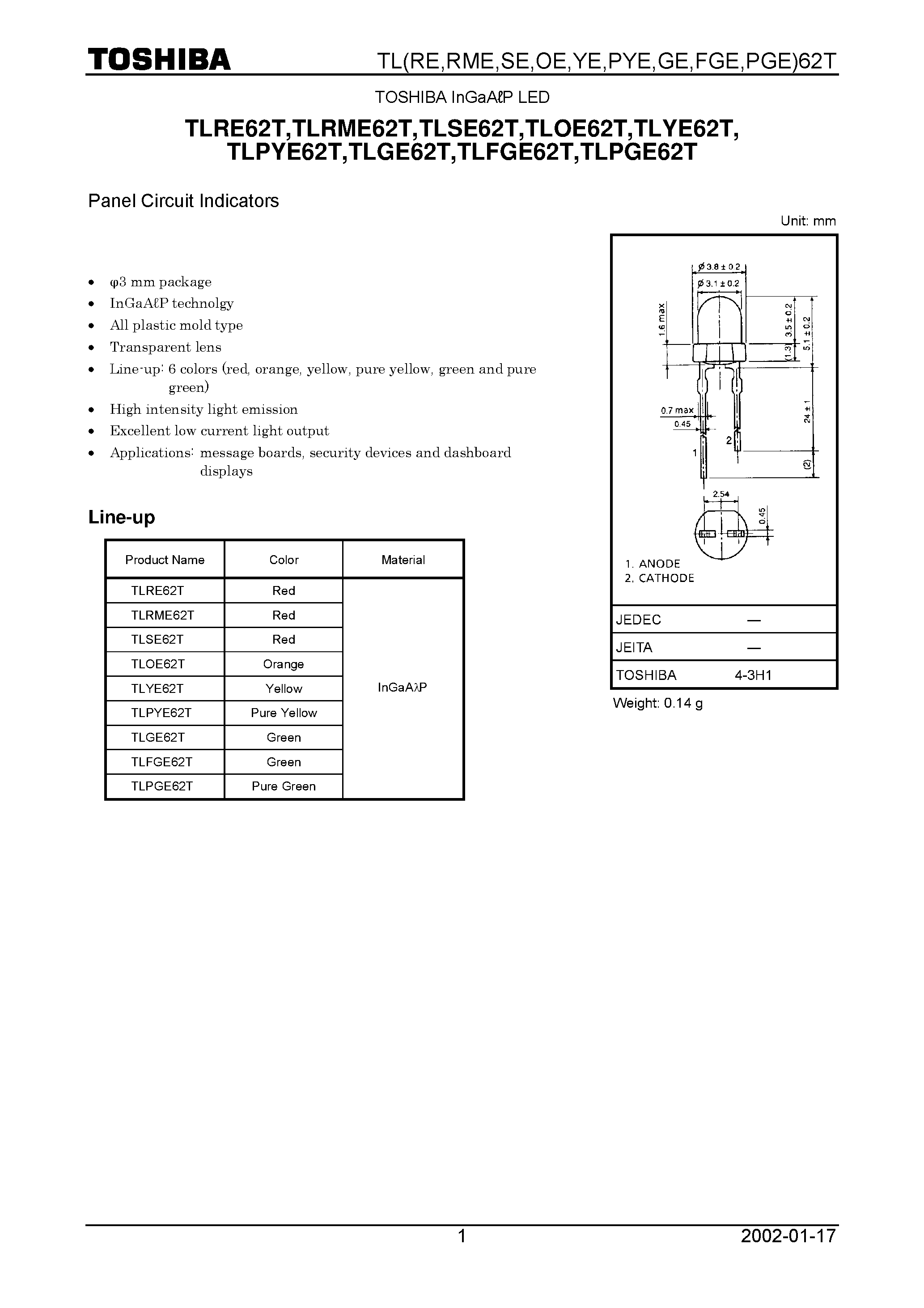 Datasheet TLPYE62T - TOSHIBA InGaA P LED page 1