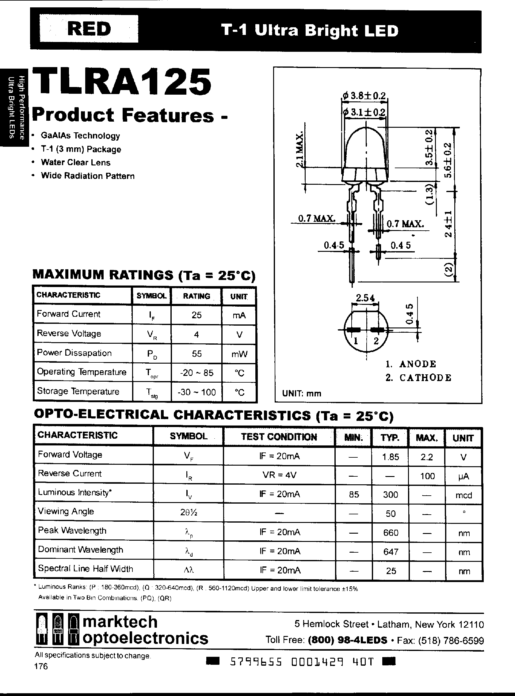 Datasheet TLRA125 - T-1 ULTRA BRIGHT LED page 1
