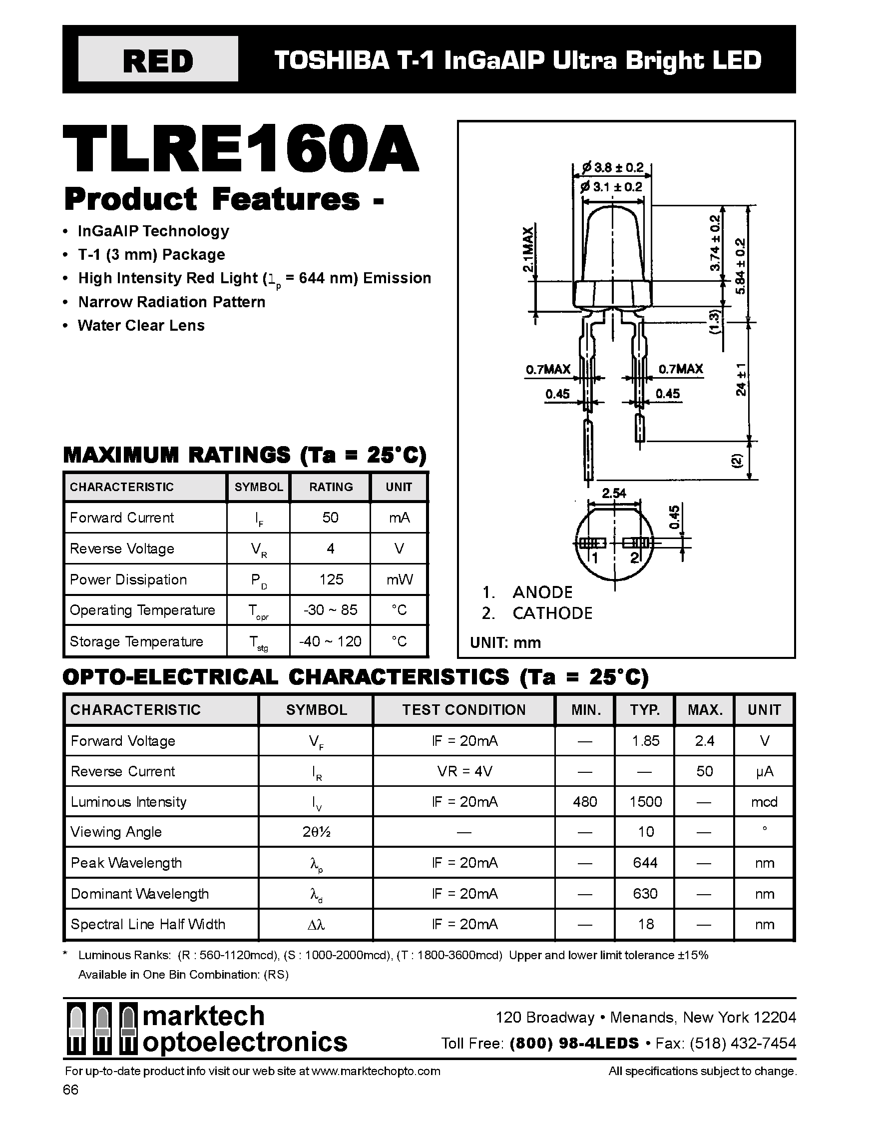 Datasheet TLRE160A page 1 Datasheet TLRE160A - TOSHIBA T-1 InGaAIP Ultra Bright LED page 1