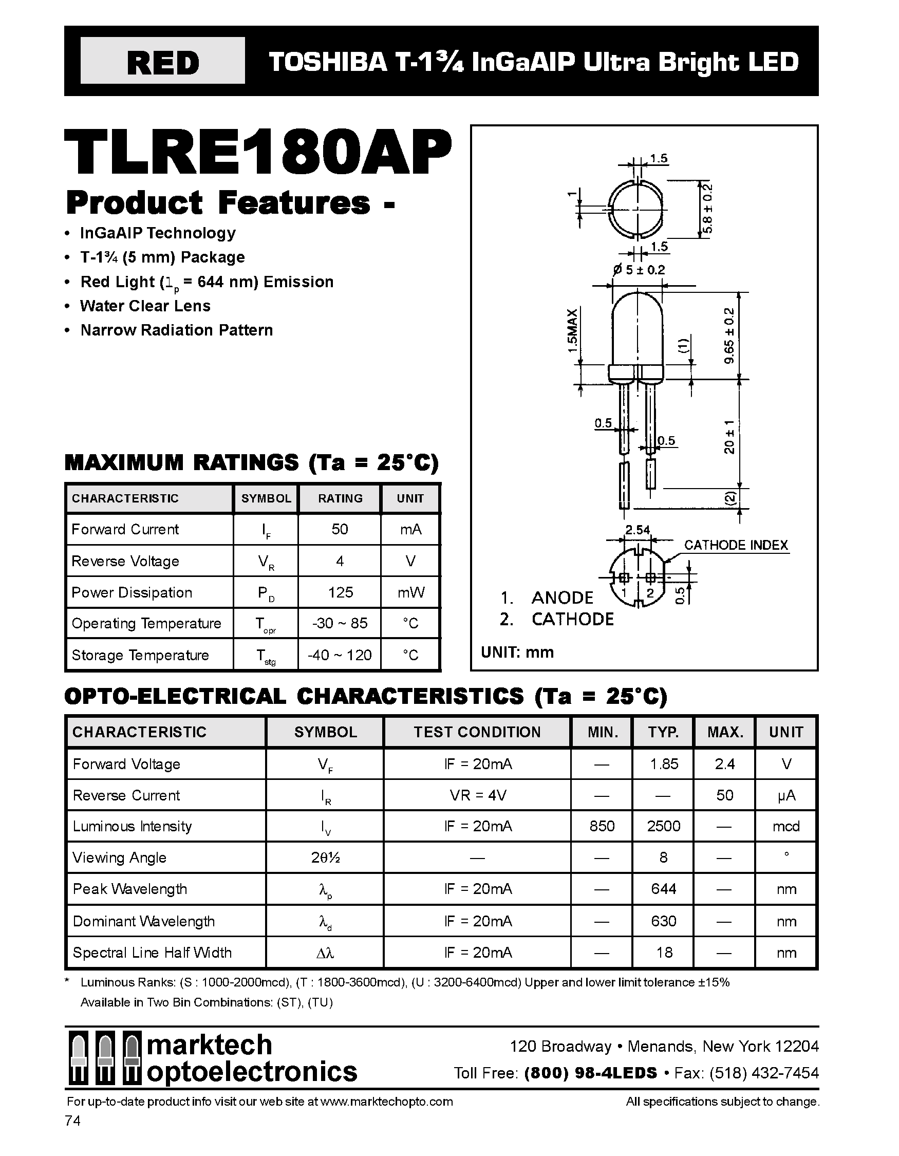Datasheet TLRE180 - TOSHIBA T-1 3/4 InGaAIP Ultra Bright LED page 1