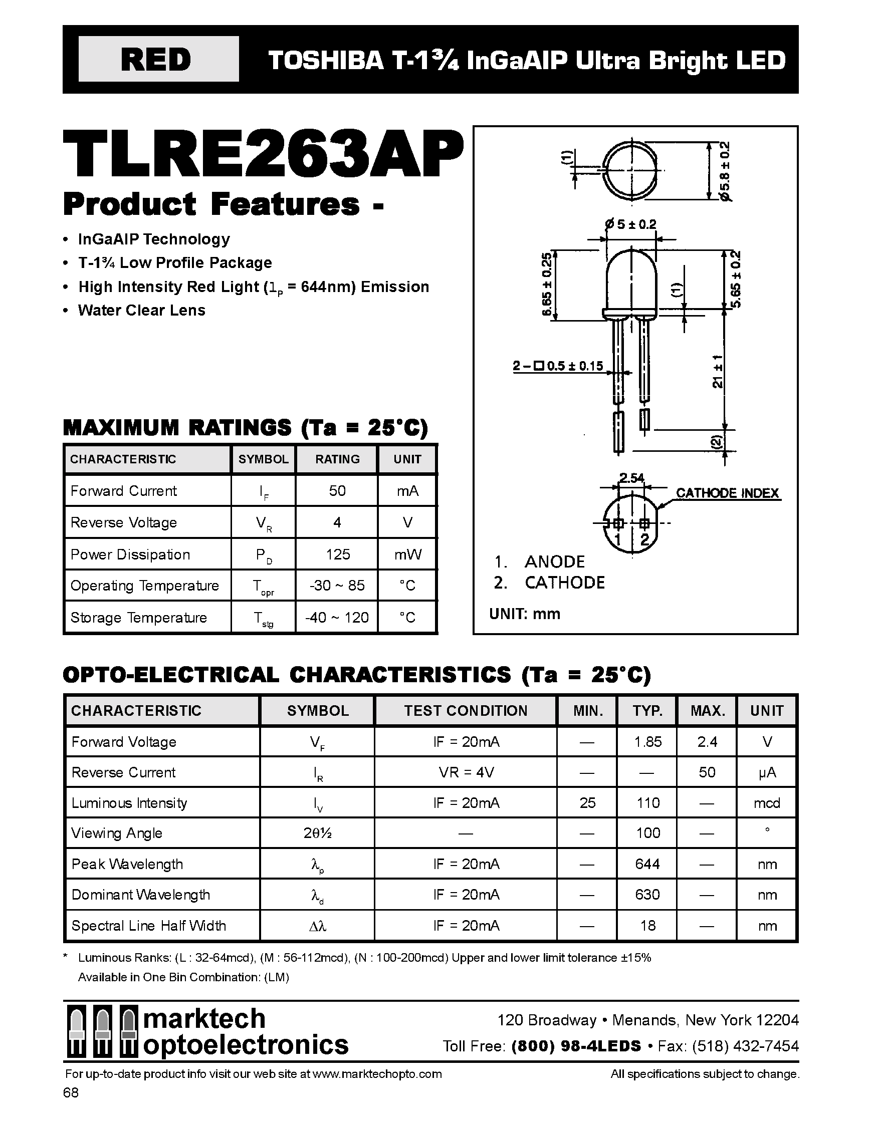 Datasheet TLRE263AP - TOSHIBA T-1 3/4 InGaAIP Ultra Bright LED page 1
