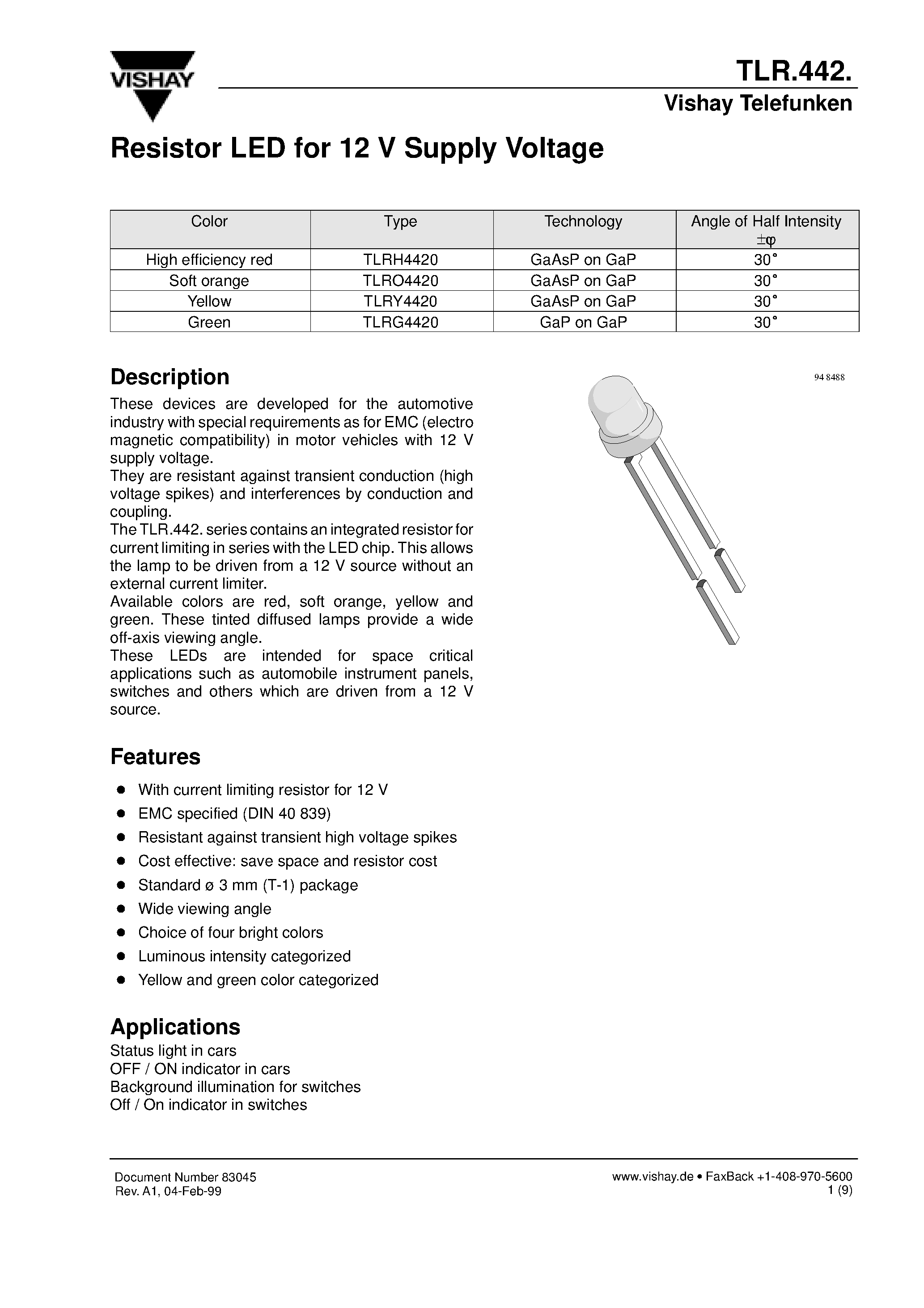 Даташит TLRG4420 - Resistor LED for 12 V Supply Voltage страница 1