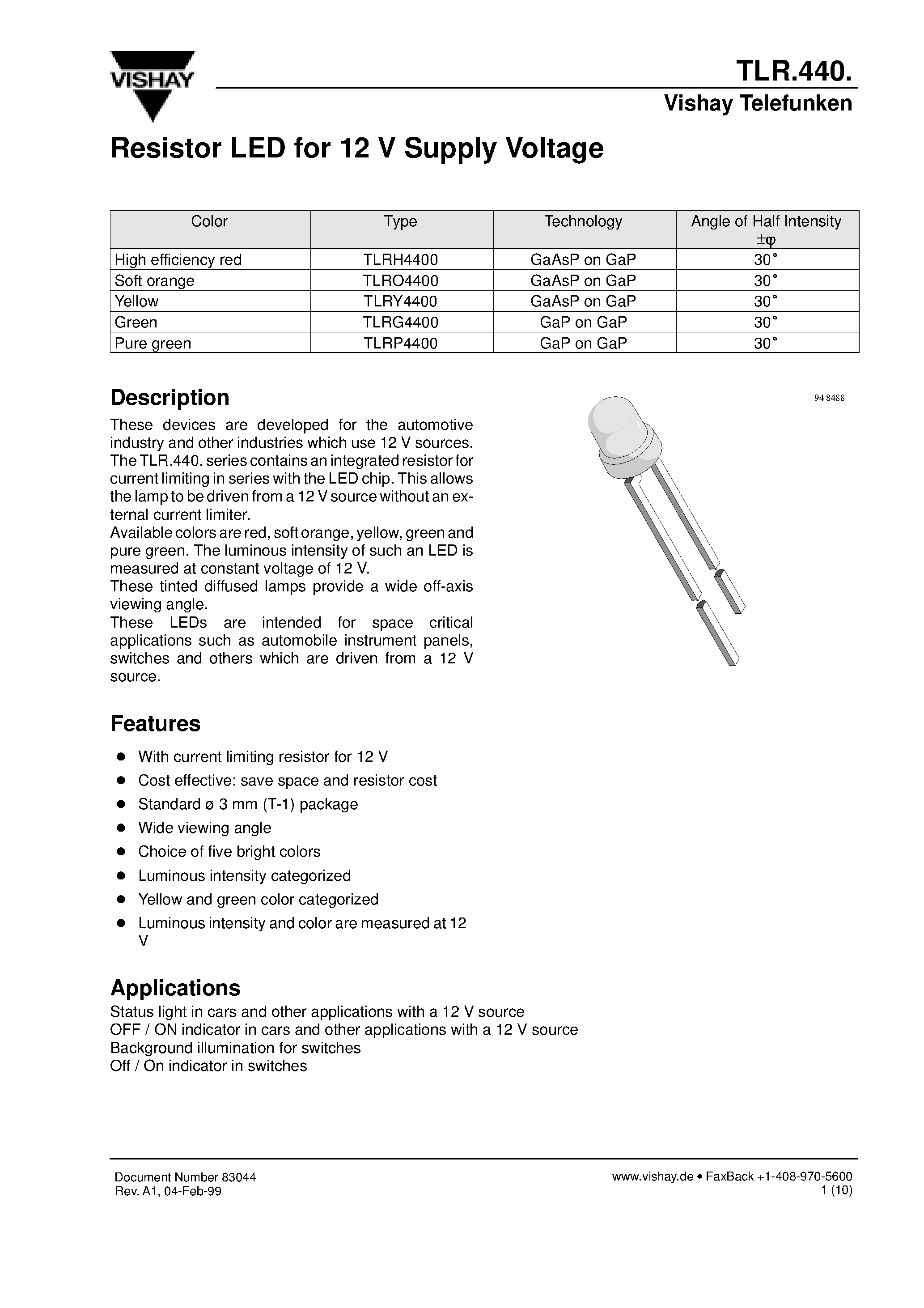 Даташит TLRH4400 - Resistor LED for 12 V Supply Voltage страница 1