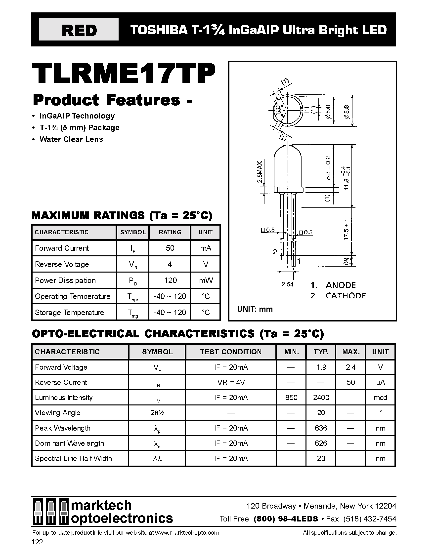 Datasheet TLRME17TP - TOSHIBA T-1 3/4 InGaAIP Ultra Bright LED page 1