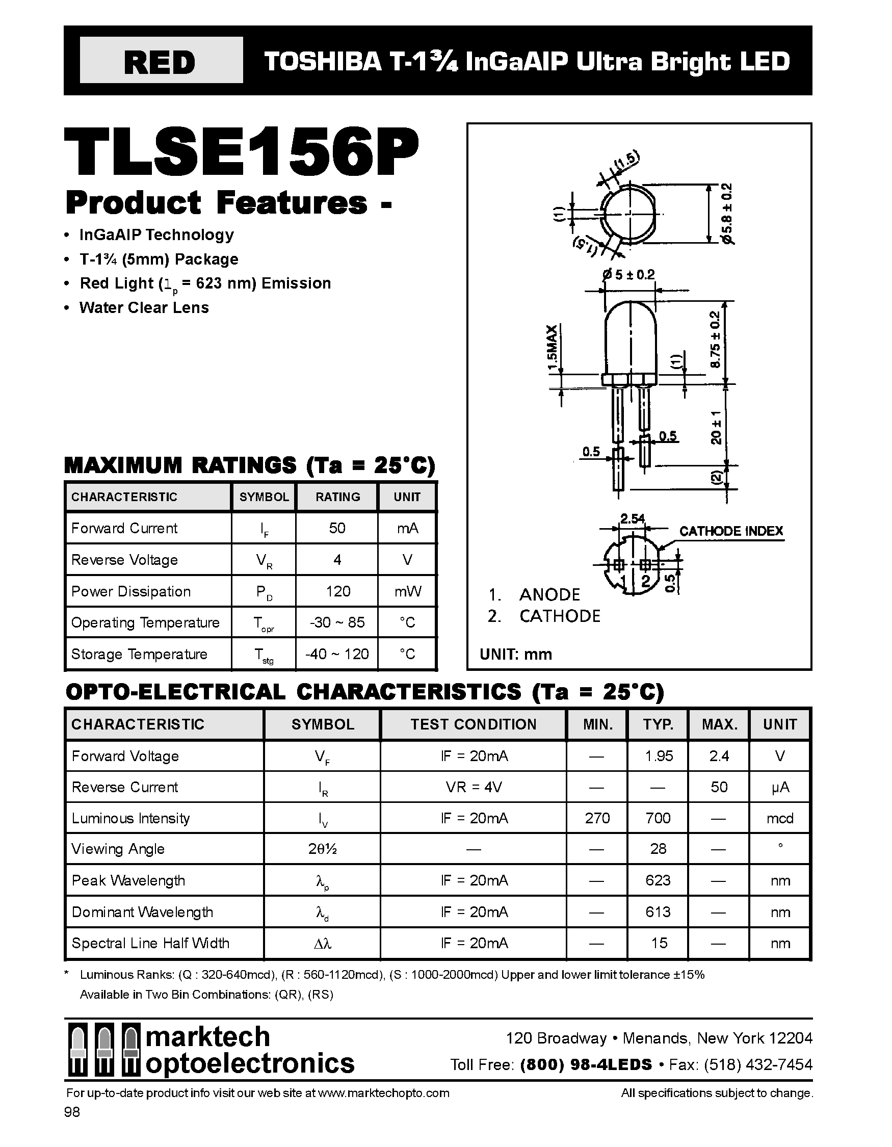 Datasheet TLSE156P - TOSHIBA T-1 3/4 InGaAIP Ultra Bright LED page 1