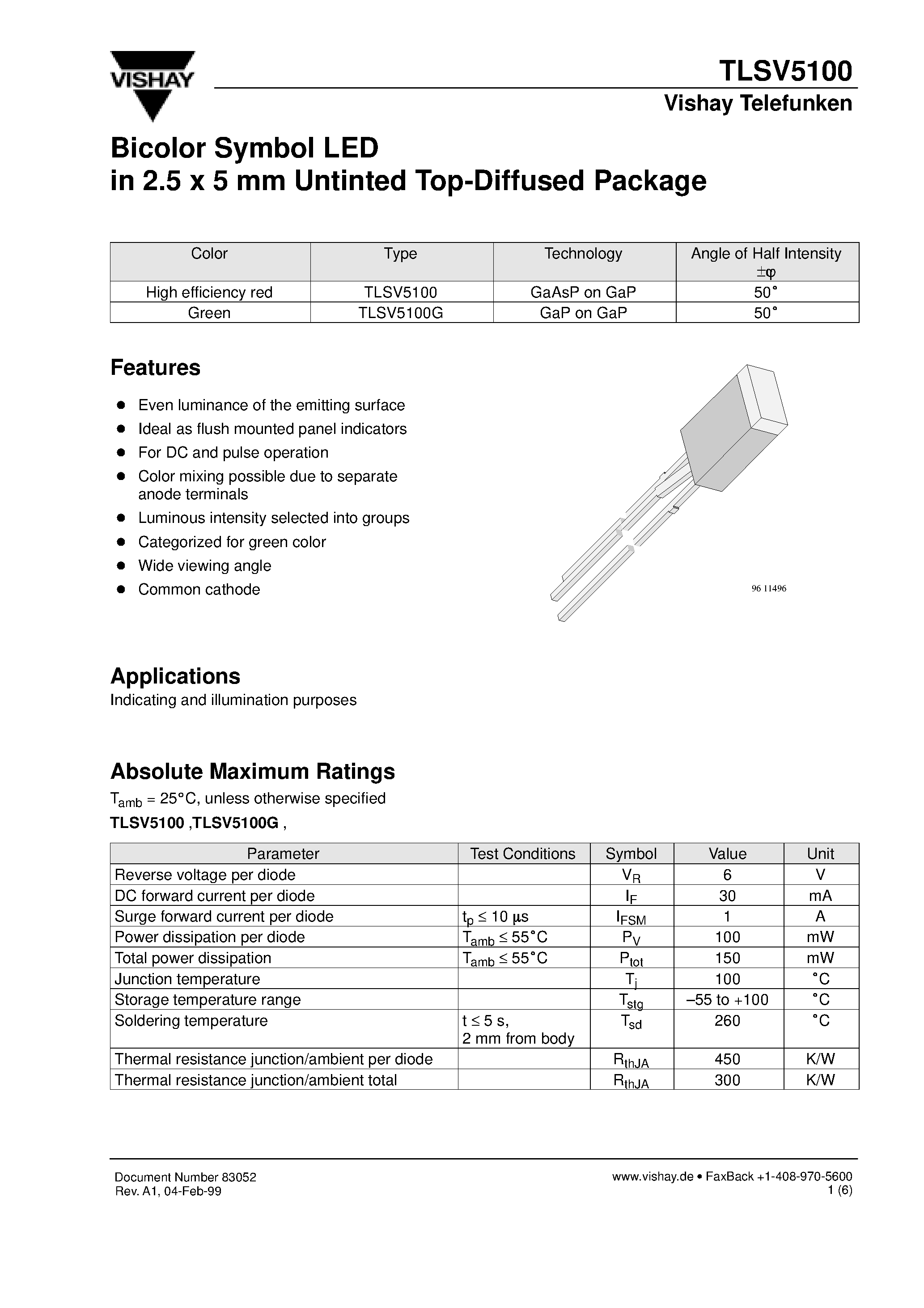 Datasheet TLSV5100 page 1 Datasheet TLSV5100 - Bicolor Symbol LED in 2.5 x 5 mm Untinted Top-Diffused Package page 1