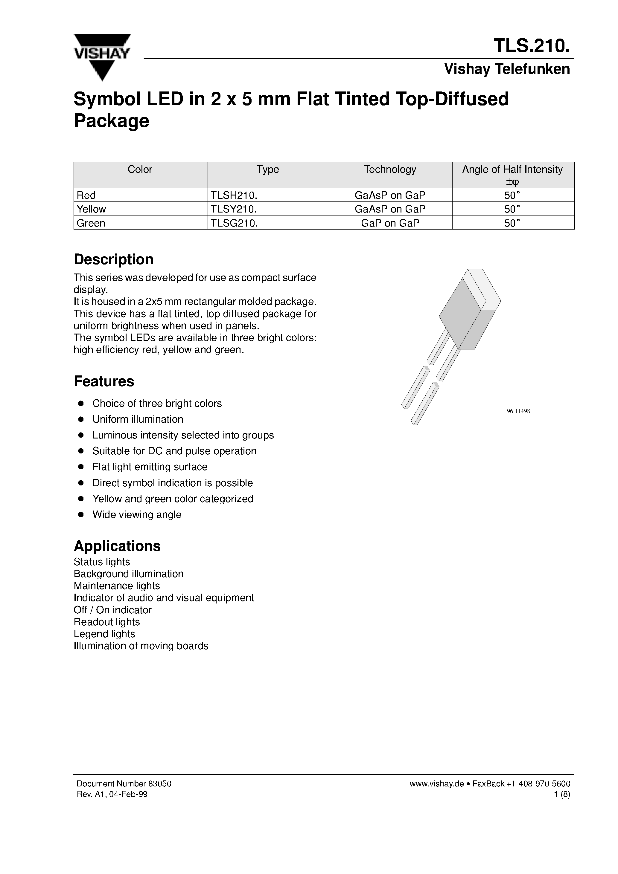 Datasheet TLSY210 - Symbol LED in 2 x 5 mm Flat Tinted Top-Diffused Package page 1