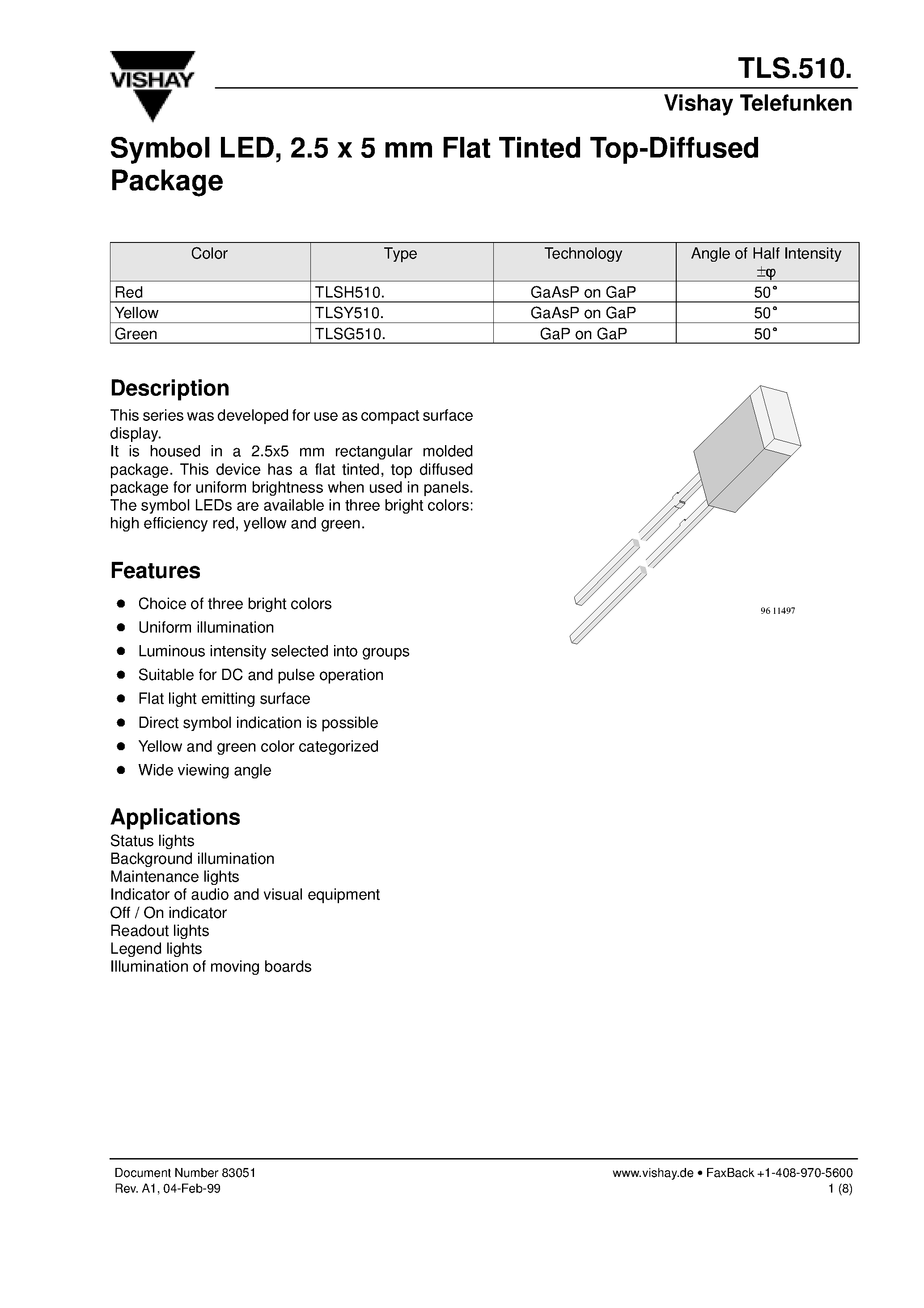 Datasheet TLSY510 page 1 Datasheet TLSY510 - Symbol LED/ 2.5 x 5 mm Flat Tinted Top-Diffused Package page 1