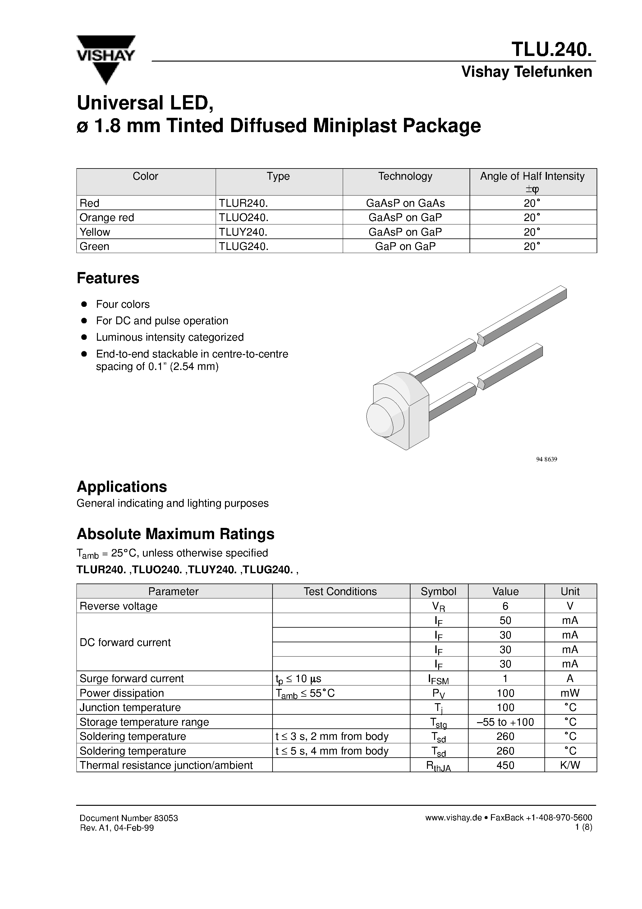 Datasheet TLUR240 - Universal LED/ 1.8 mm Tinted Diffused Miniplast Package page 1