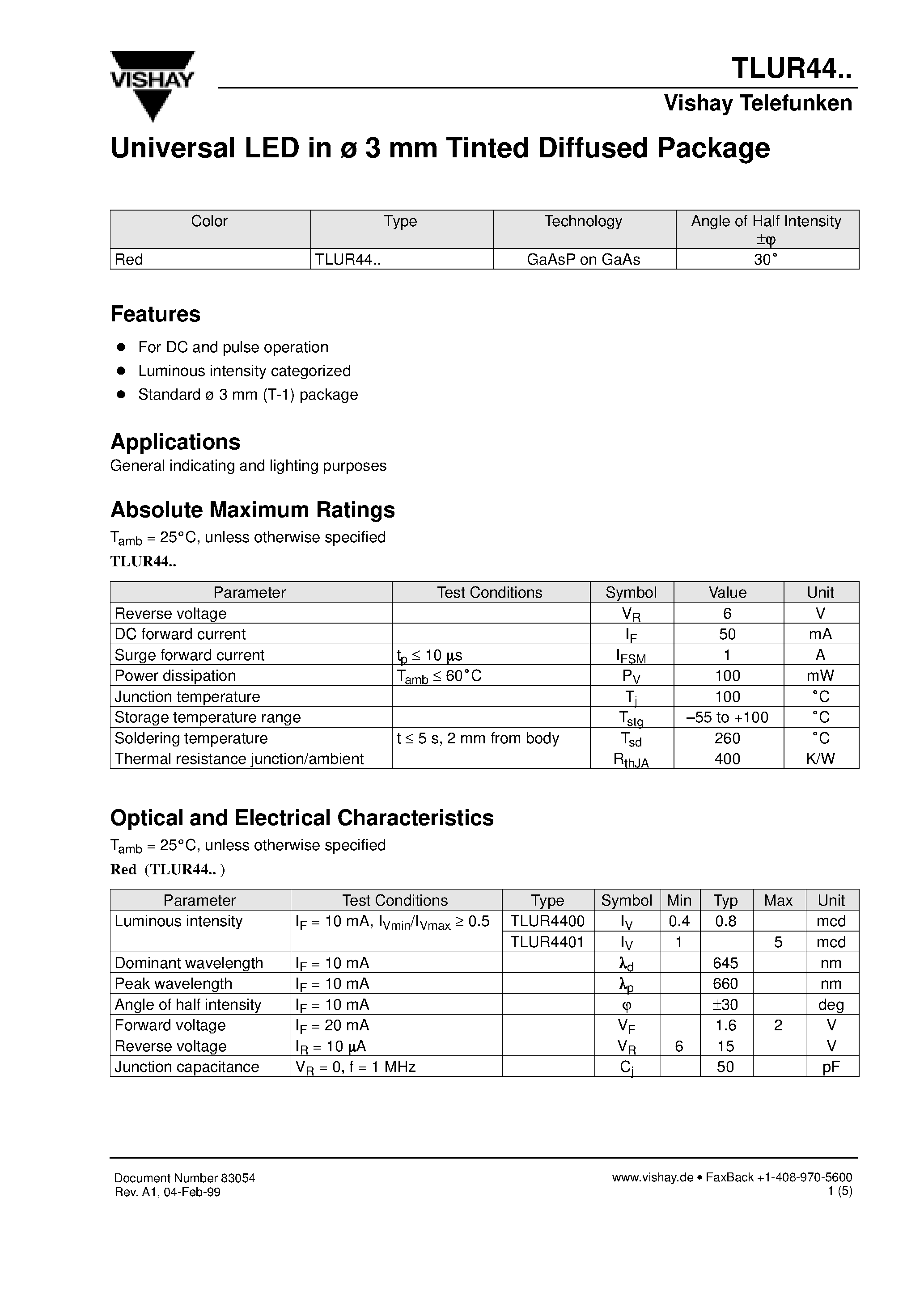 Datasheet TLUR44 - Universal LED in 3 mm Tinted Diffused Package page 1