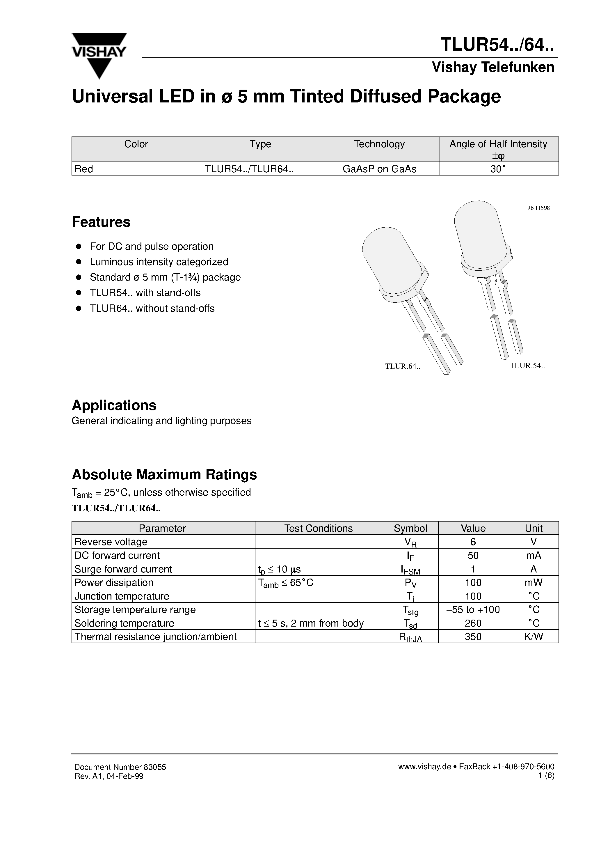 Datasheet TLUR6401 - Universal LED in 5 mm Tinted Diffused Package page 1