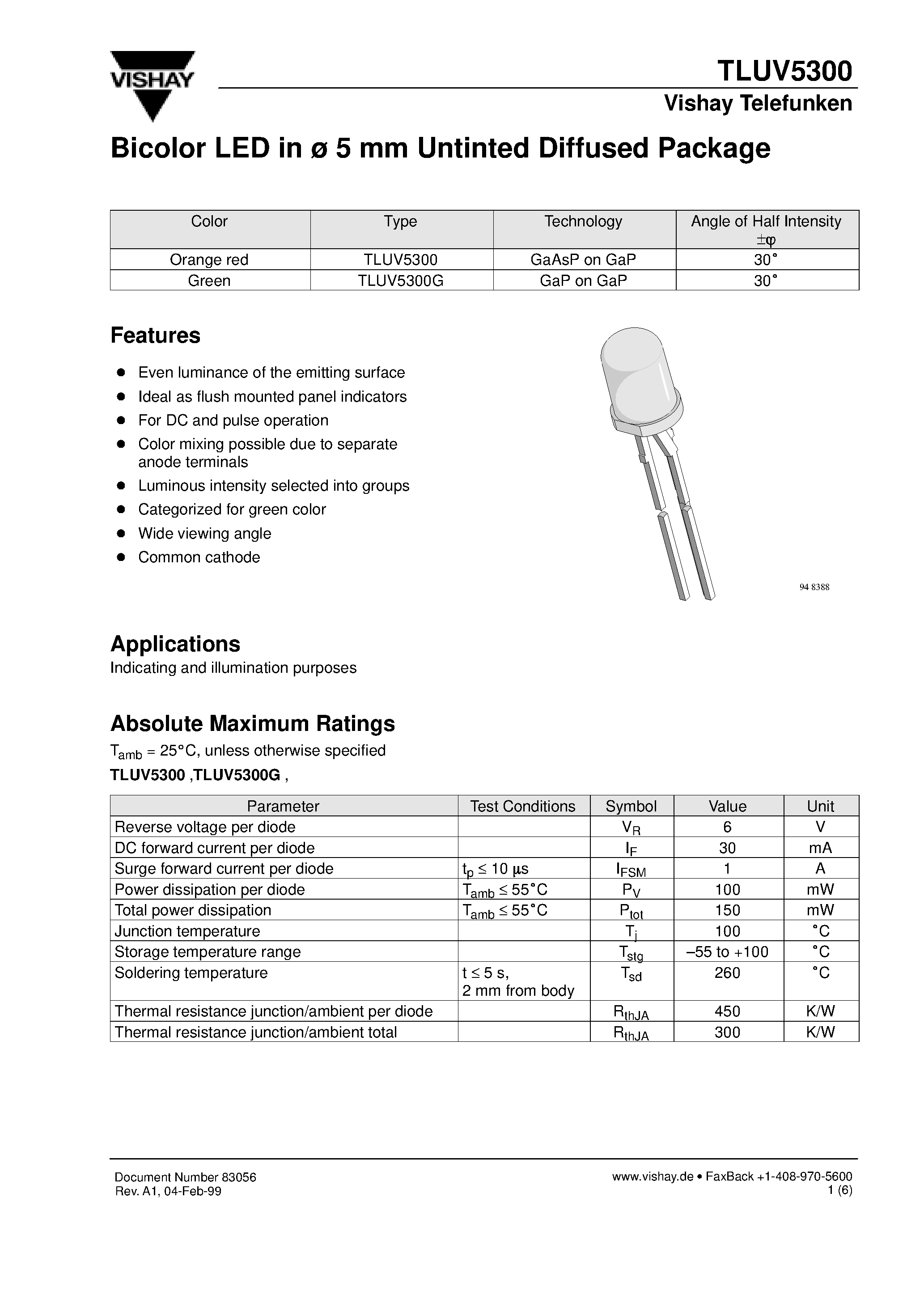 Datasheet TLUV5300G - Bicolor LED in 5 mm Untinted Diffused Package page 1