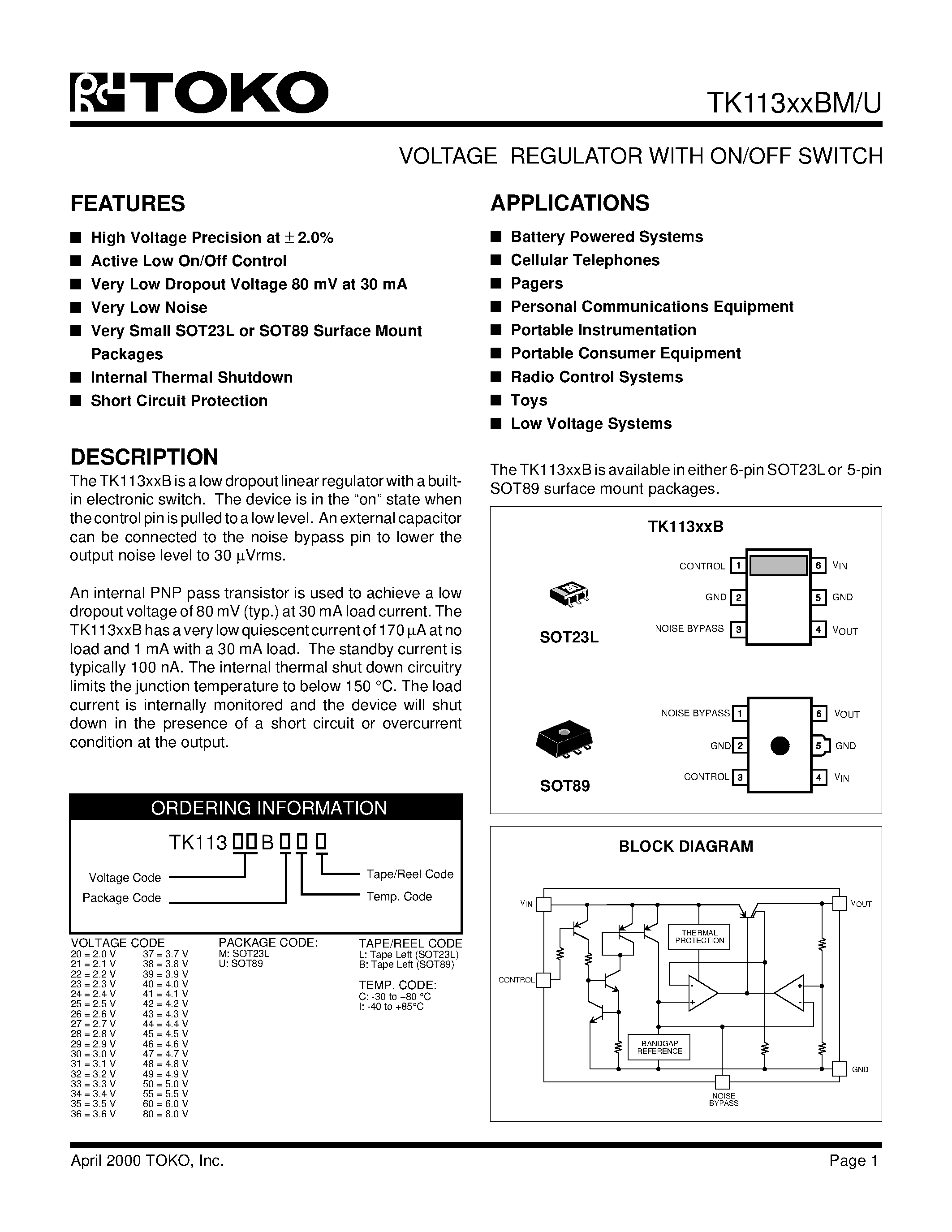 Datasheet TK11343BUIB - VOLTAGE REGULATOR WITH ON/OFF SWITCH page 1