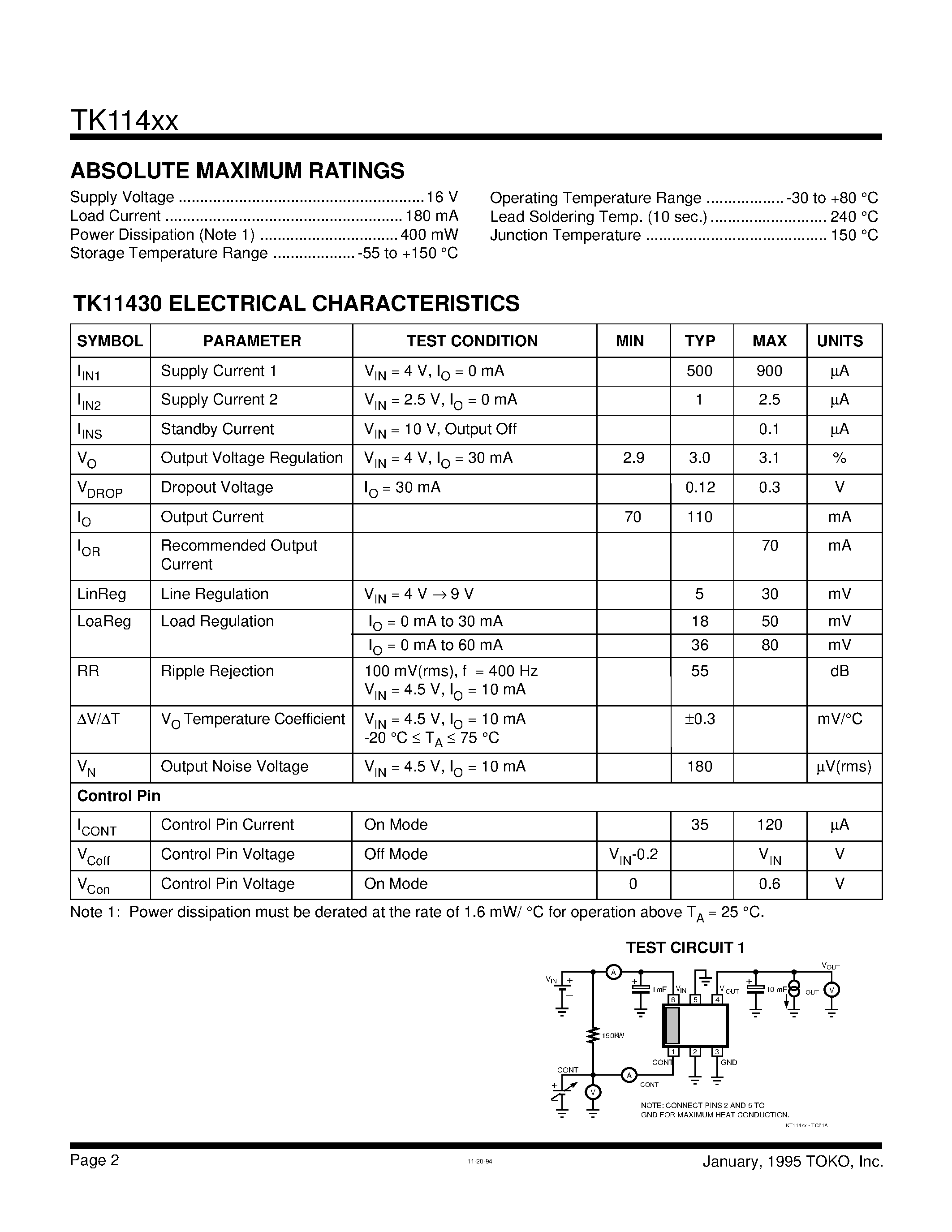 Datasheet TK11432BX - VOLTAGE REGULATOR WITH ON/OFF SWITCH page 2