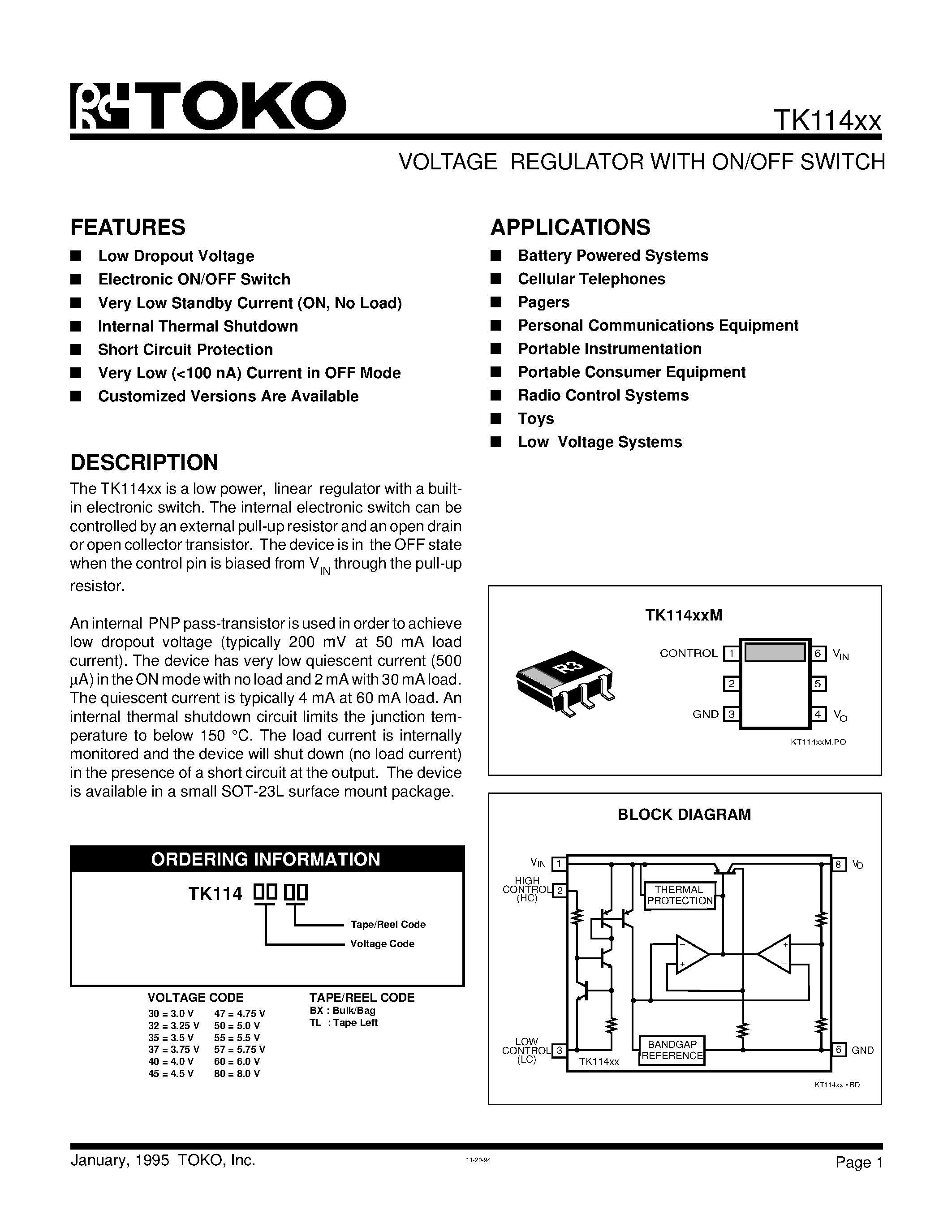 Datasheet TK11445BX - VOLTAGE REGULATOR WITH ON/OFF SWITCH page 1