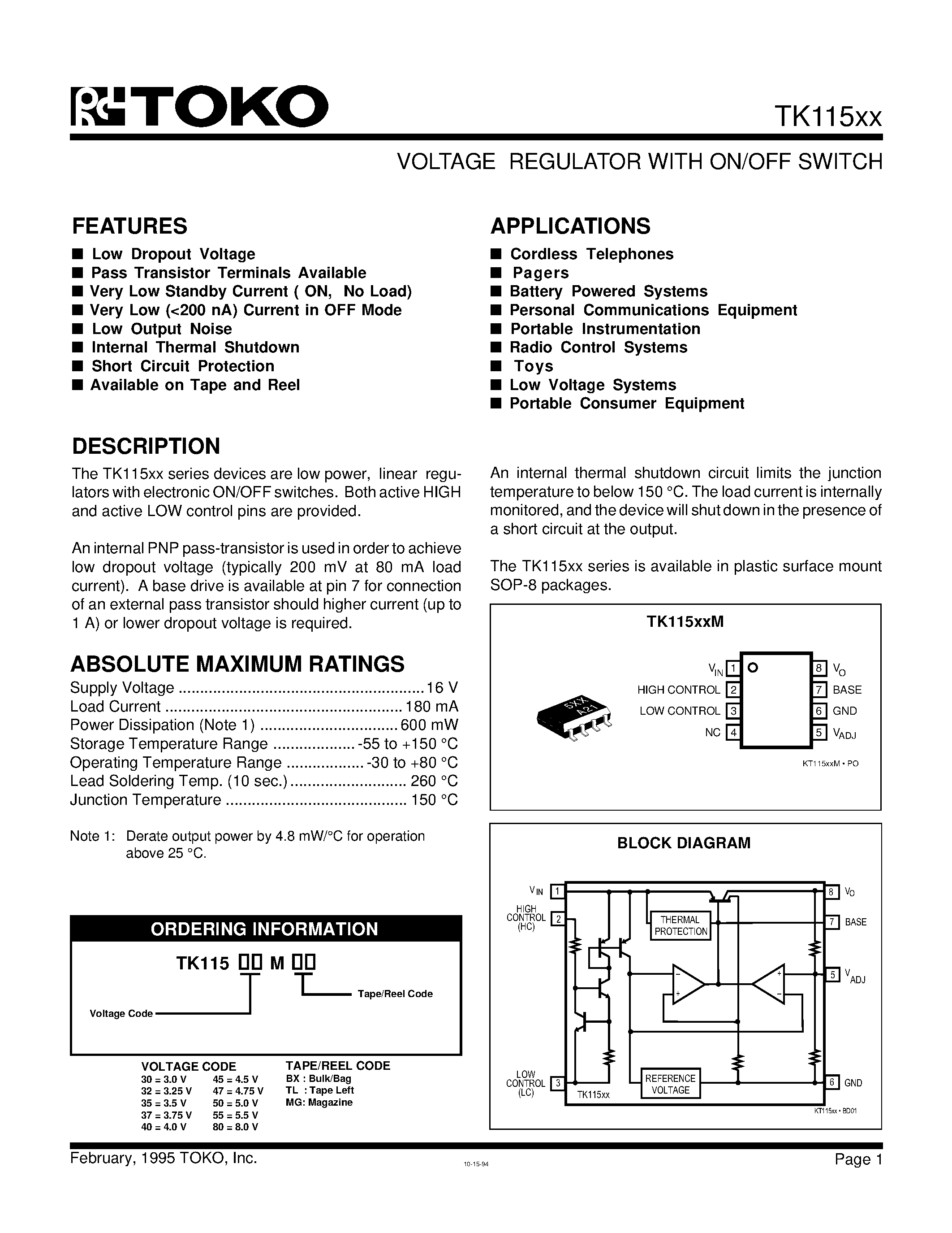 Datasheet TK11535MBX - VOLTAGE REGULATOR WITH ON/OFF SWITCH page 1