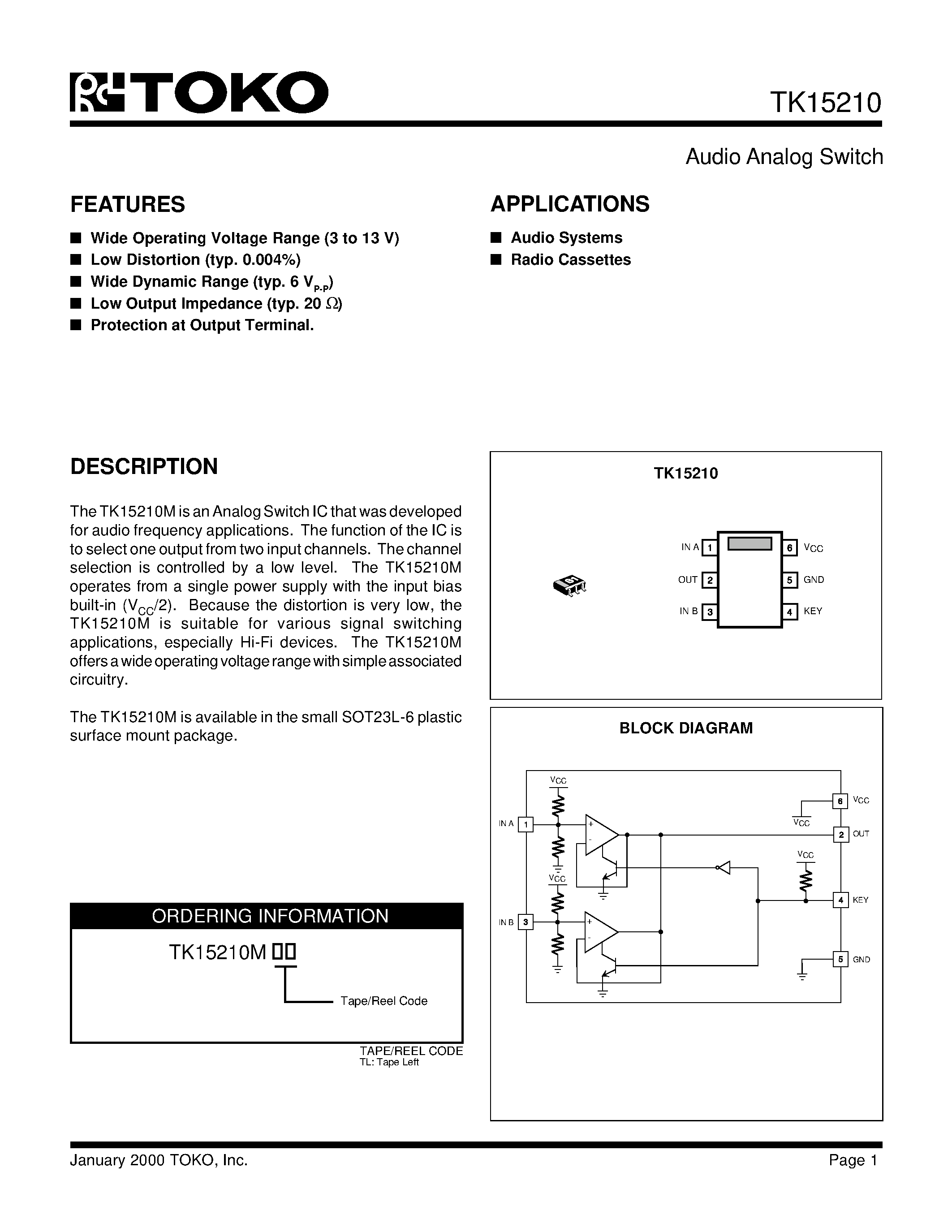 Datasheet TK15210 - Audio Analog Switch page 1