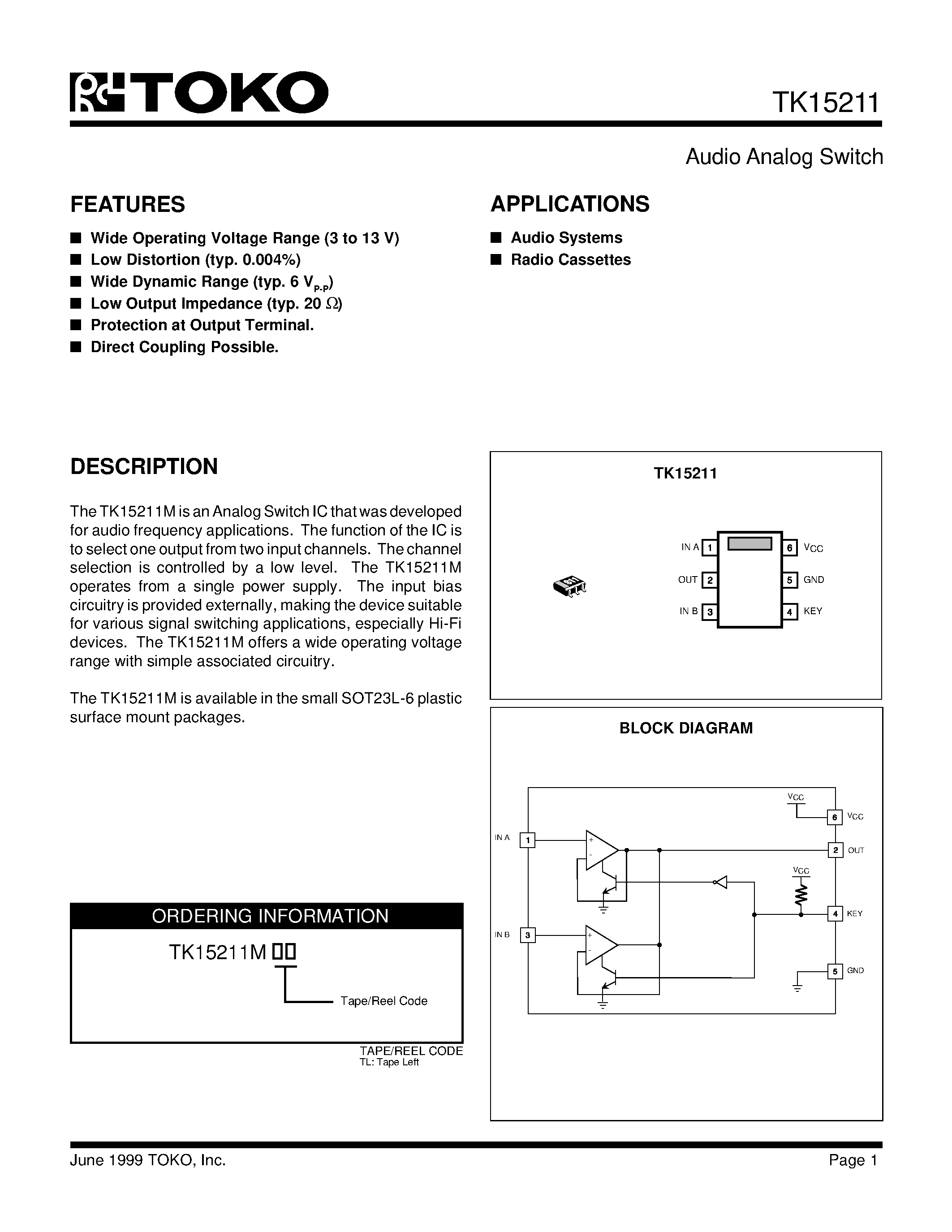 Datasheet TK15211M - Audio Analog Switch page 1