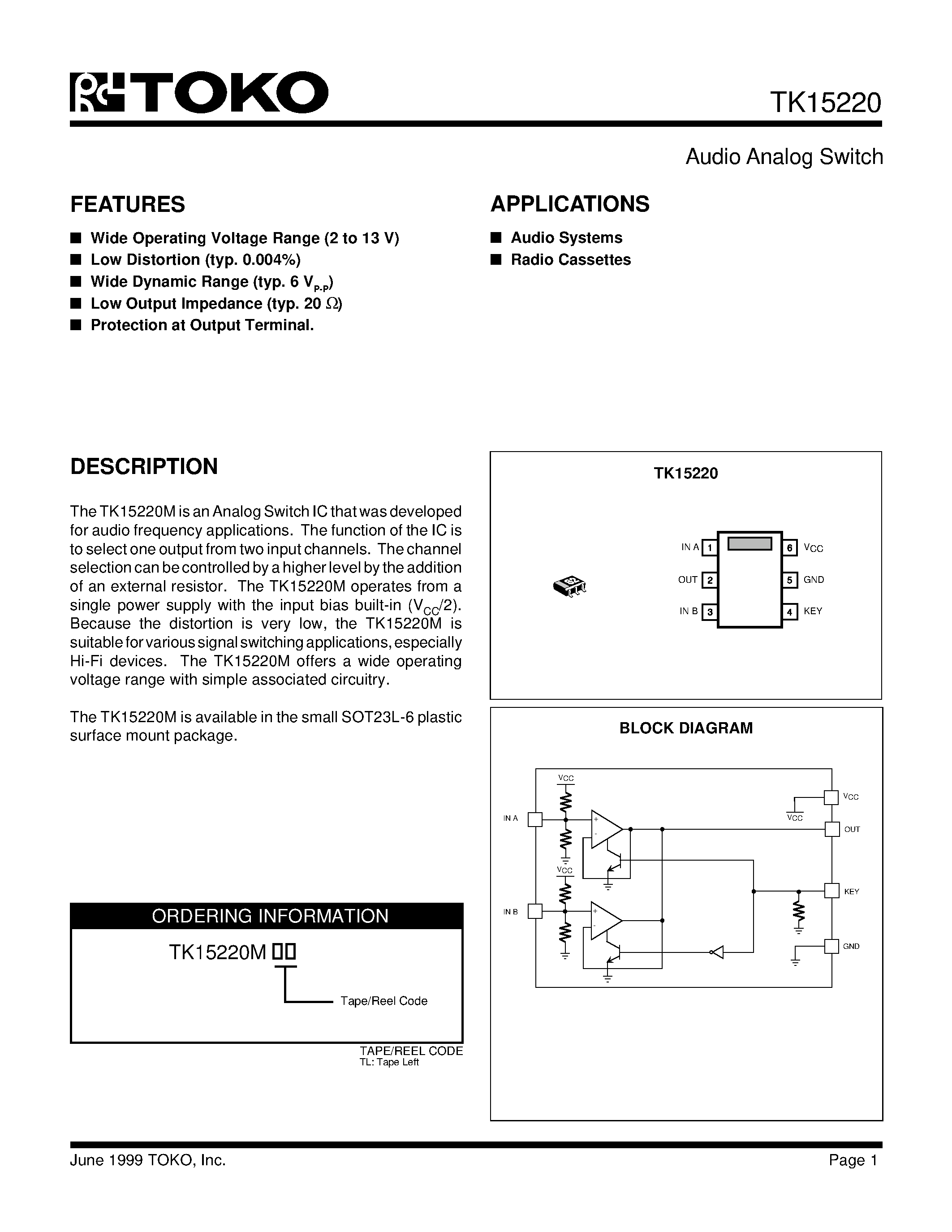 Datasheet TK15220MTL - Audio Analog Switch page 1