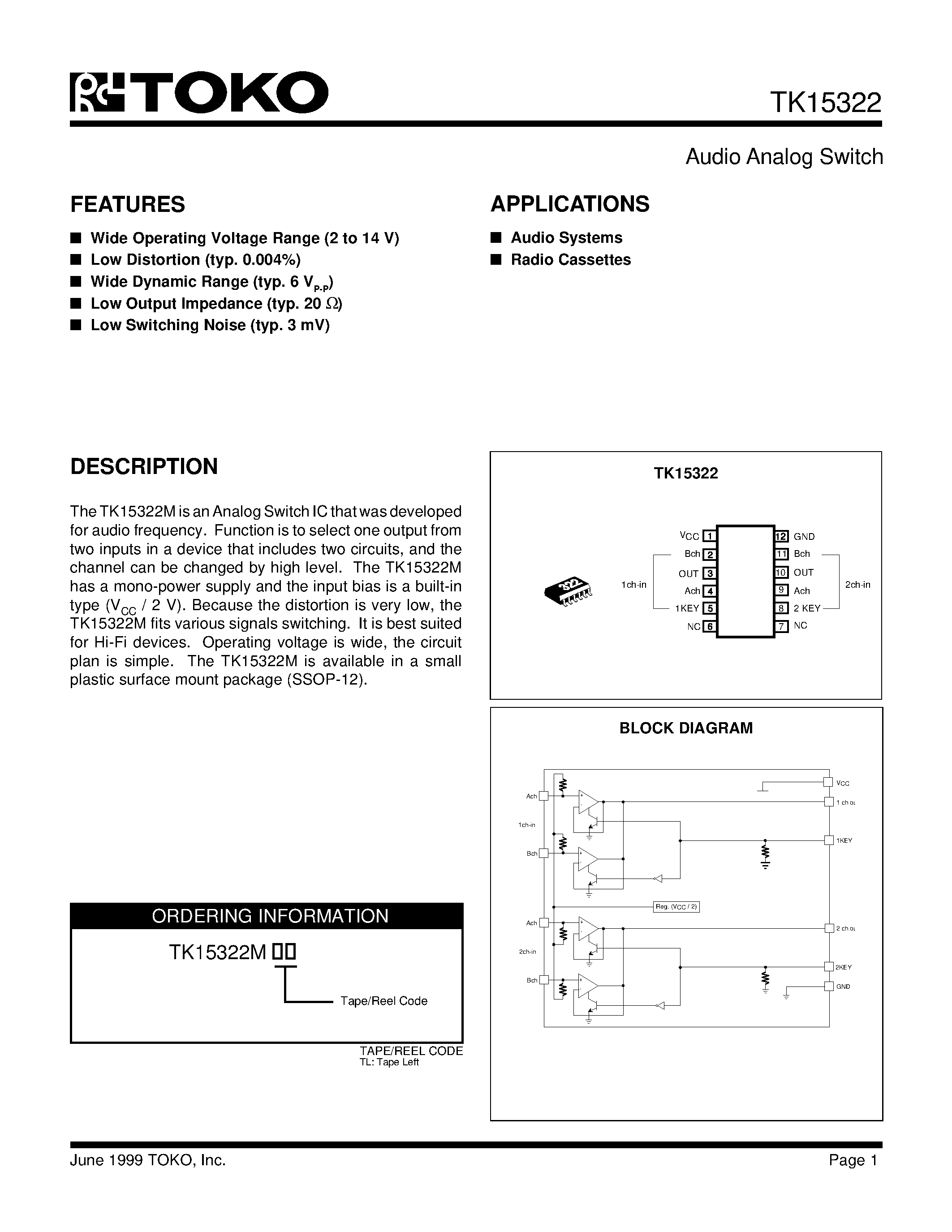 Datasheet TK15322MTL - Audio Analog Switch page 1