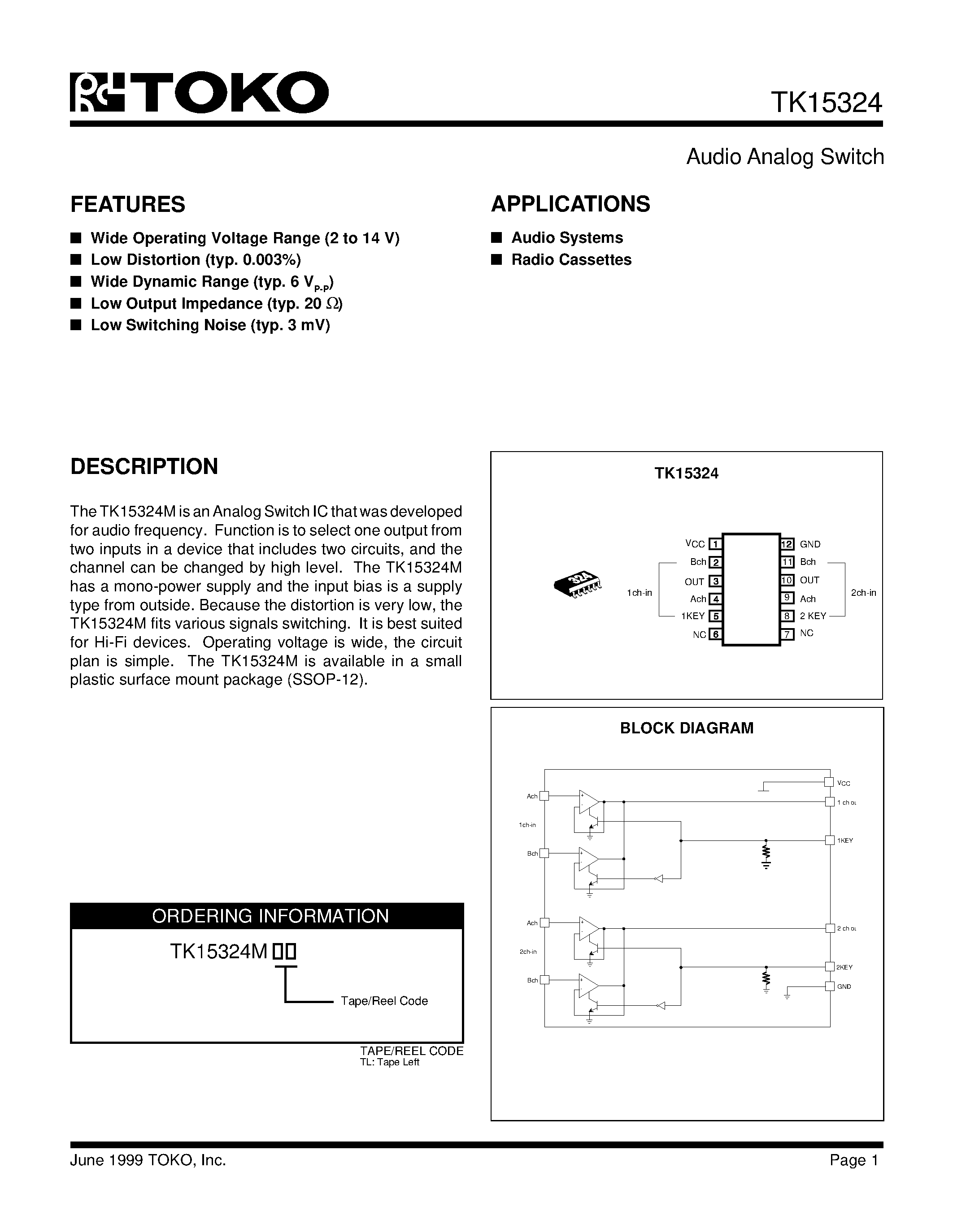Datasheet TK15324M - Audio Analog Switch page 1
