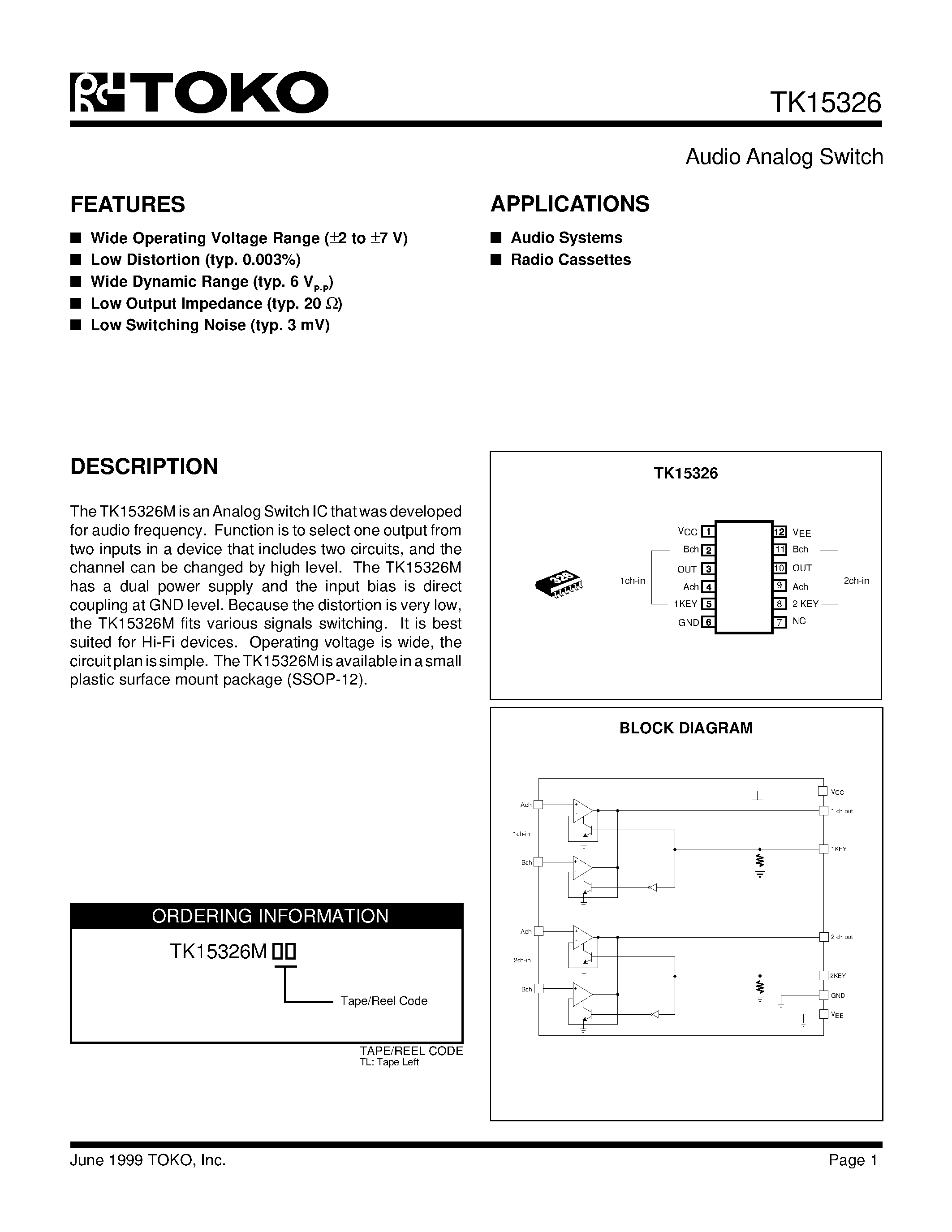 Datasheet TK15326 - Audio Analog Switch page 1
