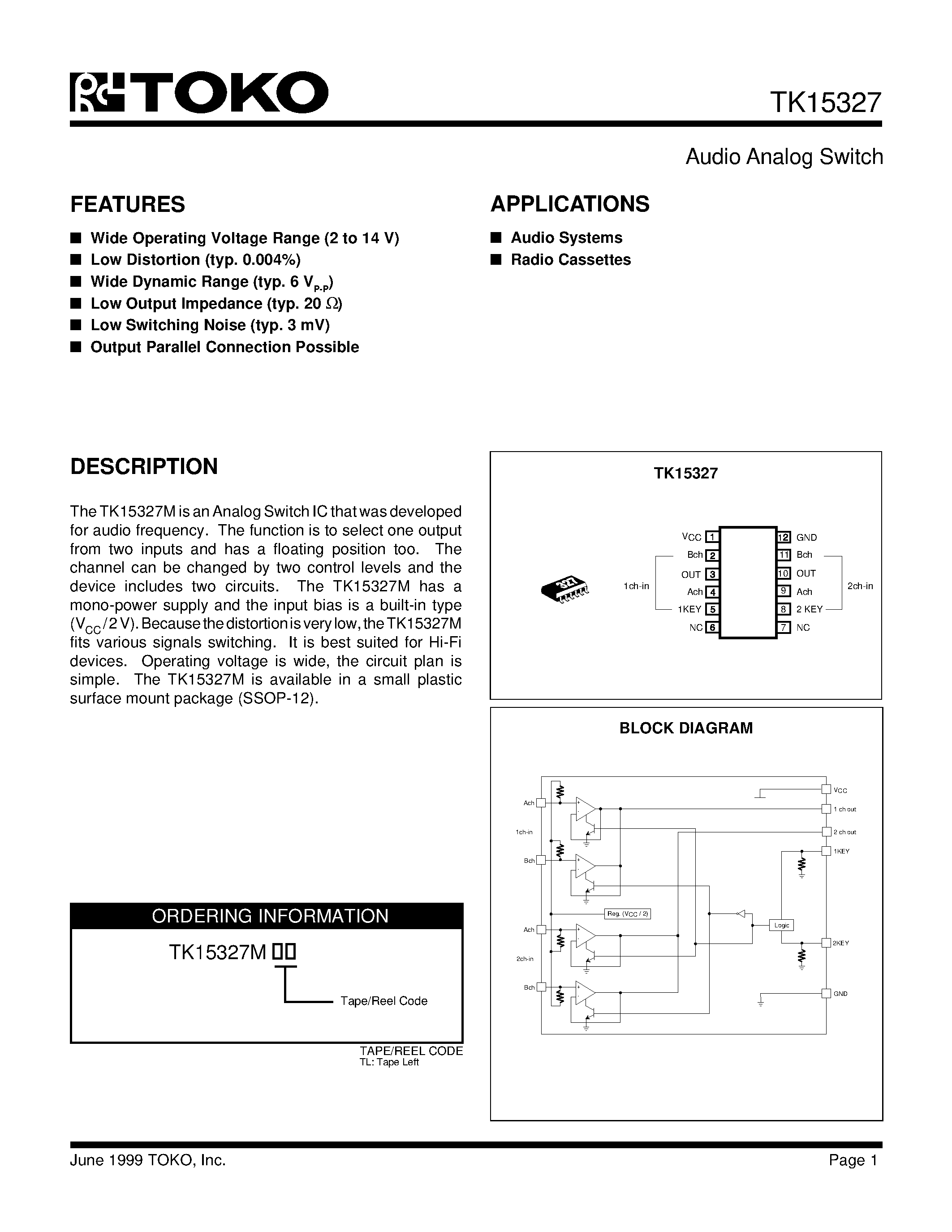 Datasheet TK15327MTL - Audio Analog Switch page 1