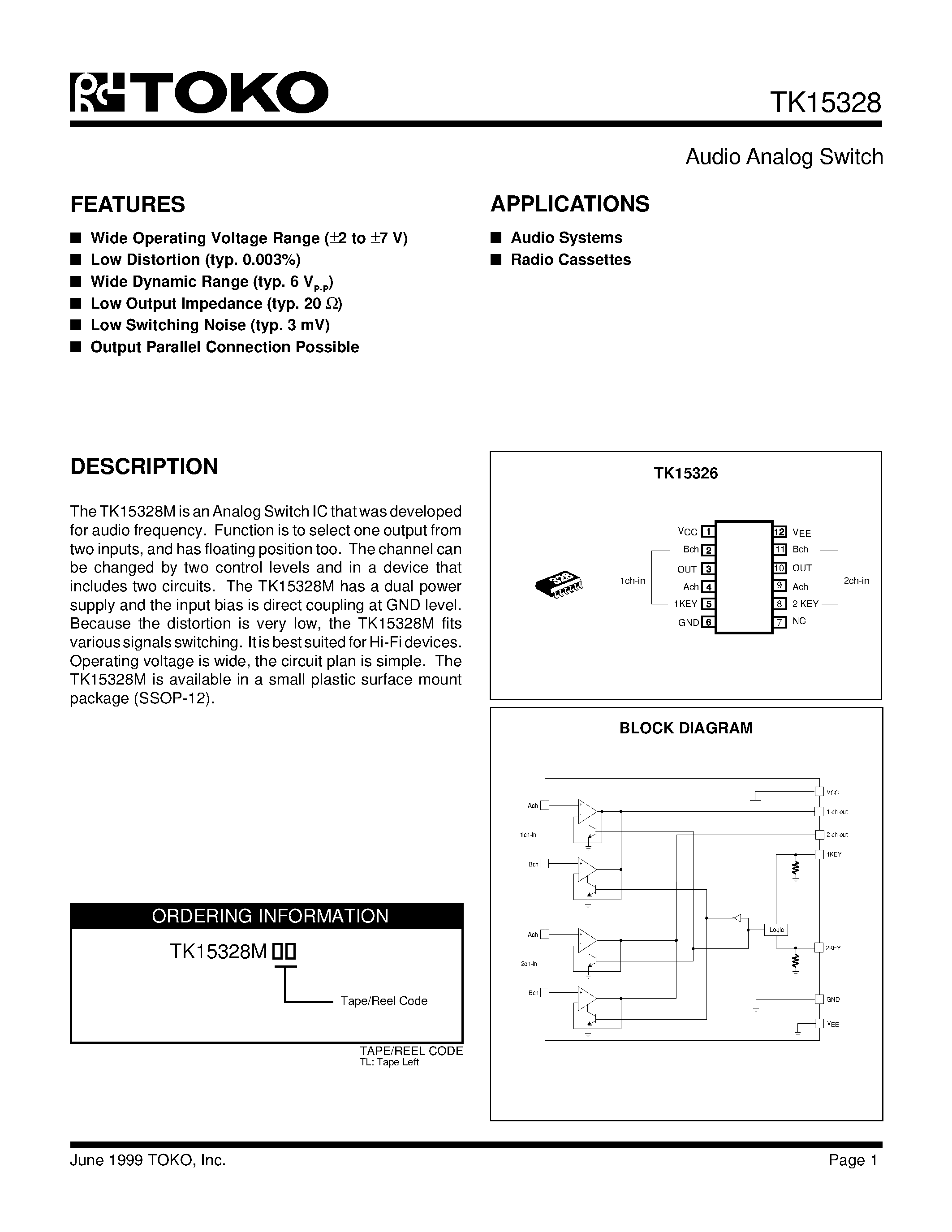Datasheet TK15328M - Audio Analog Switch page 1