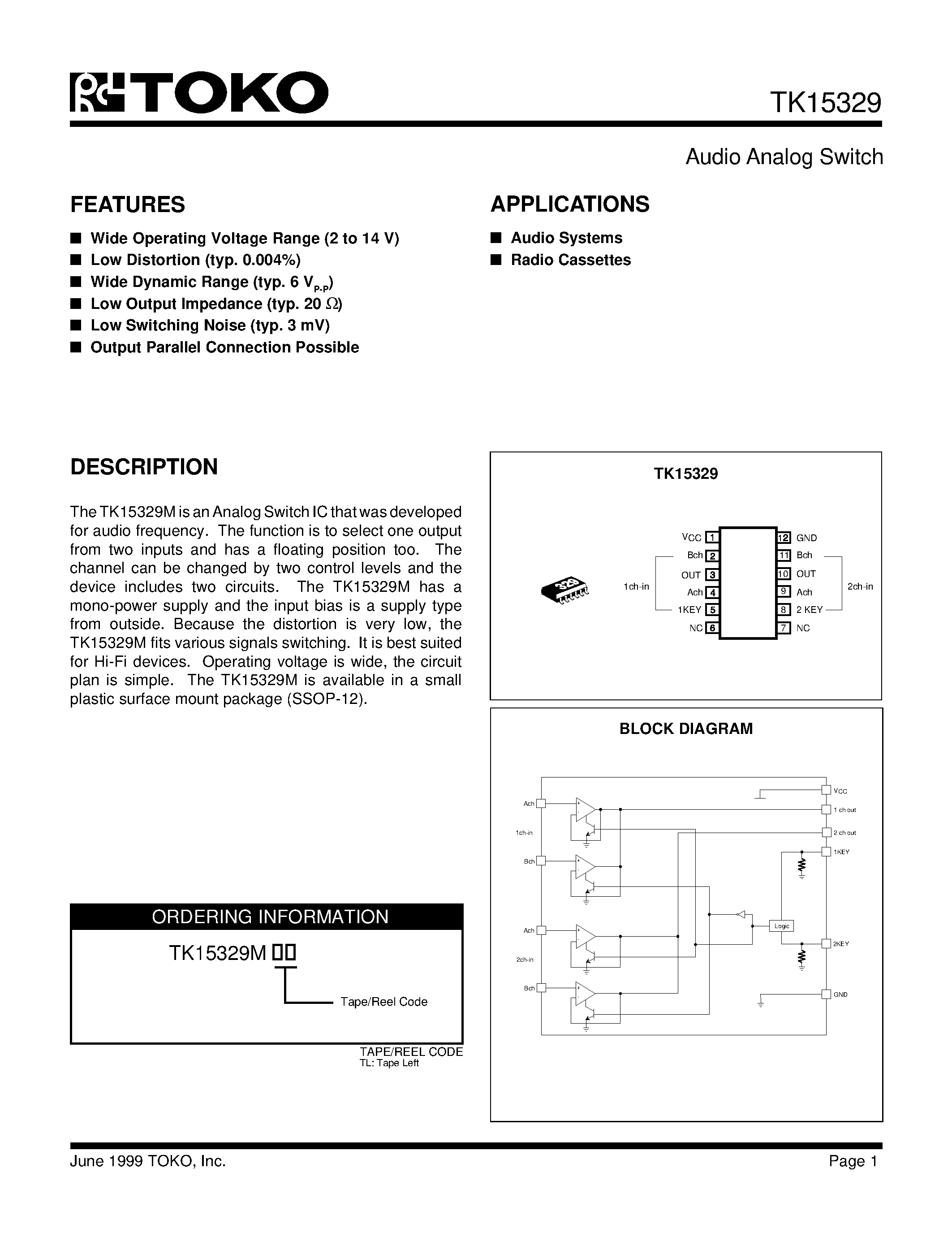 Datasheet TK15329MTL - Audio Analog Switch page 1