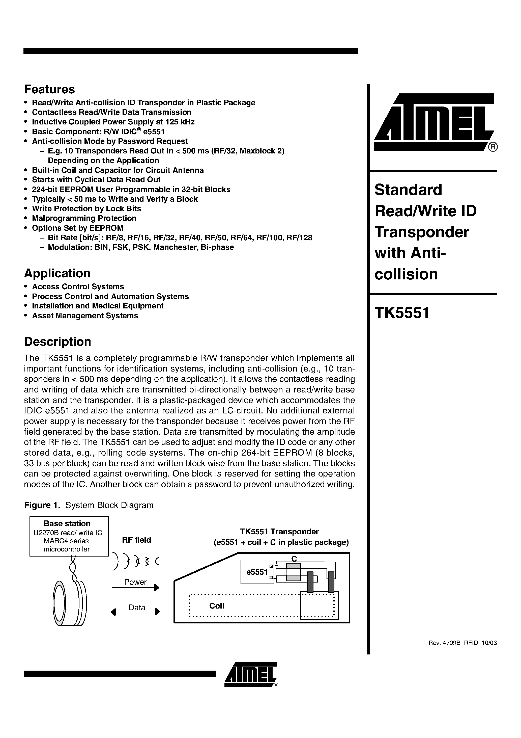 Даташит TK5551 - STANDARD READ /WRITE ID TRANSPONDER WITH ANTI COLLISION страница 1